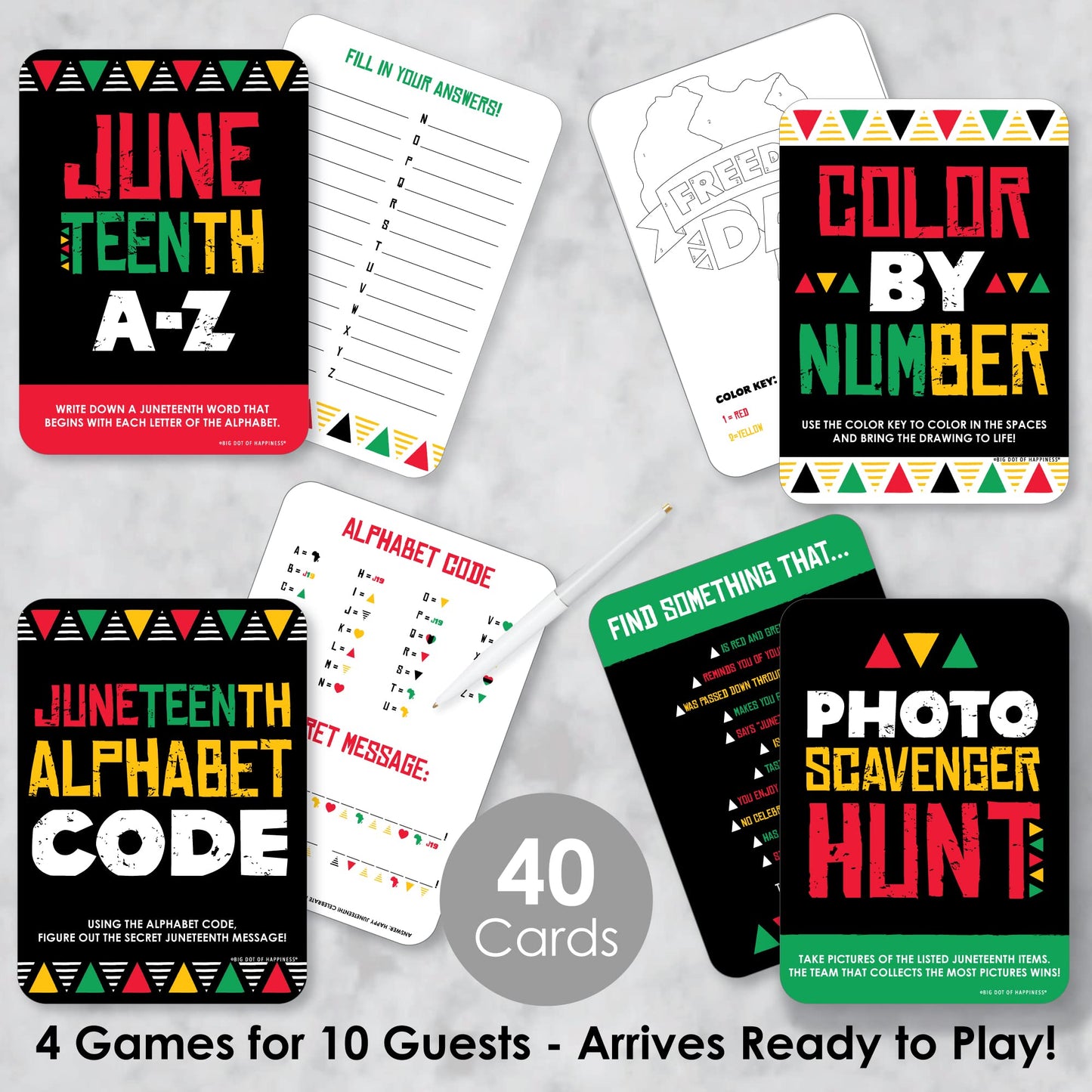 Big Dot of Happiness Happy Juneteenth - 4 Freedom Day Party Games - 10 Cards Each - Gamerific Bundle