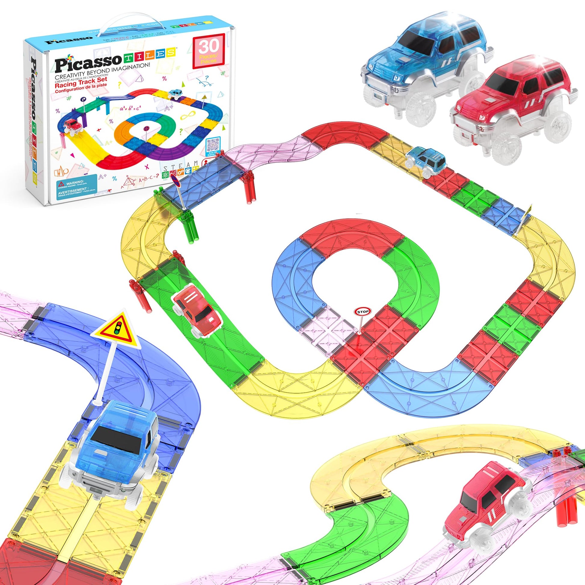 PicassoTiles 30 PCS Magnetic Race Track Toy Set STEM Educational Building