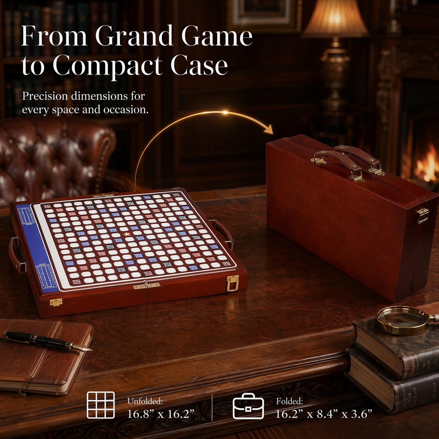 【Solid Wood】Deluxe Travel Scrabble Game,Rotatable Large Scrabble Deluxe,Raised Letter Grid,Foldable&Portable Design,Integrated Storage,100 Letter