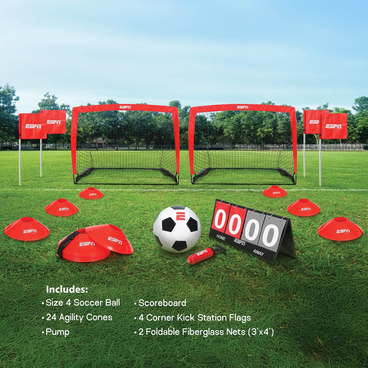 ESPN Soccer Stadium Experience for Kids Includes 2 Nets, Ball, and Youth Soccer Training Equipment, Ideal for Outdoor Games