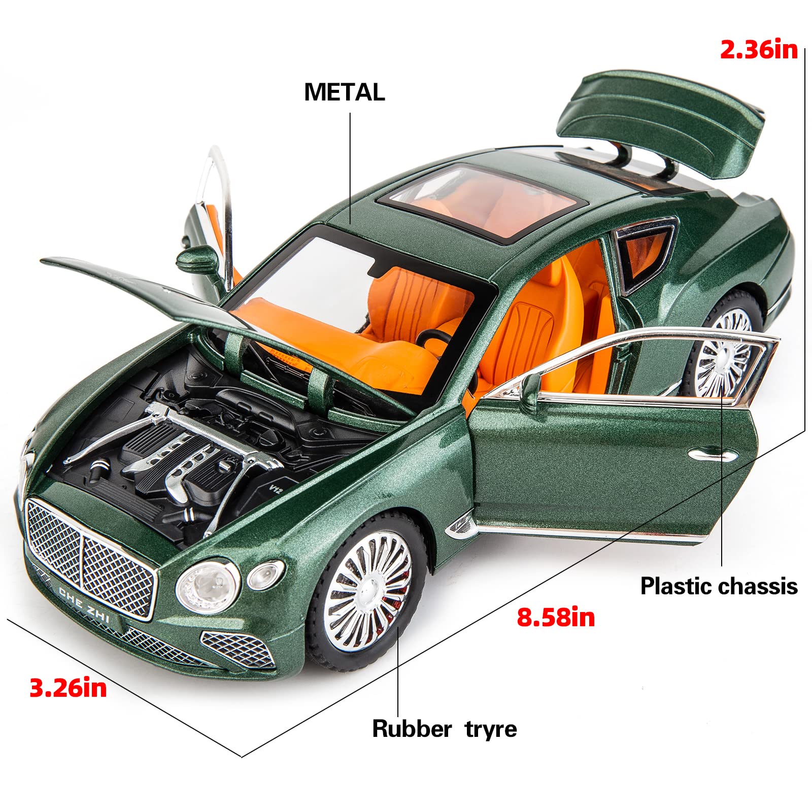 WAKAKAC Toy Car Compatible for 1/24 Bentley Continental GT Model Car Alloy Diecast Collectible Pull Back Car Toy Door Can Be Opened for Boys Girls