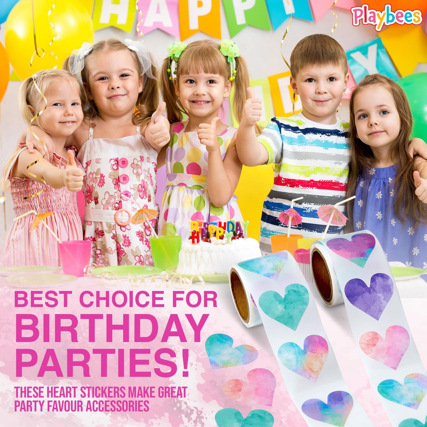 Playbees Watercolor Heart Stickers for Kids - 200 Pack of Rainbow Heart Themed Designs - Valentine’s Day Kids Educational Arts and Crafts