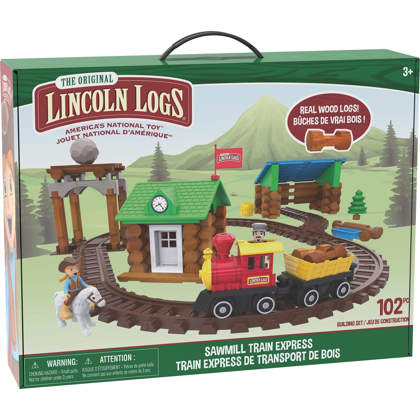 LINCOLN LOGS-Sawmill Express Train - 101 Parts - Real Wood Logs - Buildable Train Track-Ages 3+ - Best Retro Building Gift Set for Boys/Girls-Creative