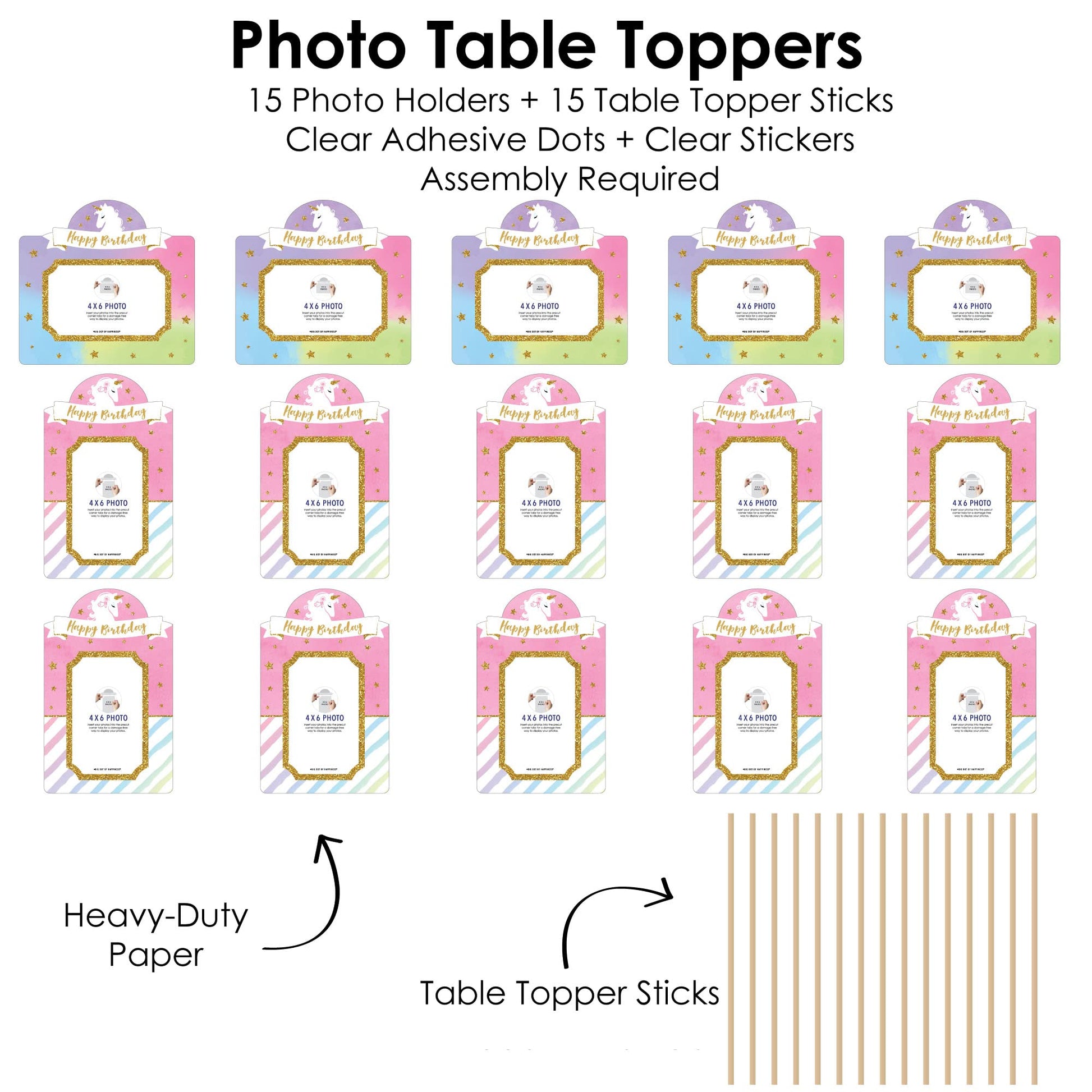 Big Dot of Happiness Rainbow Unicorn - Magical Unicorn Birthday Party Picture Centerpiece Sticks - Photo Table Toppers - 15 Pieces