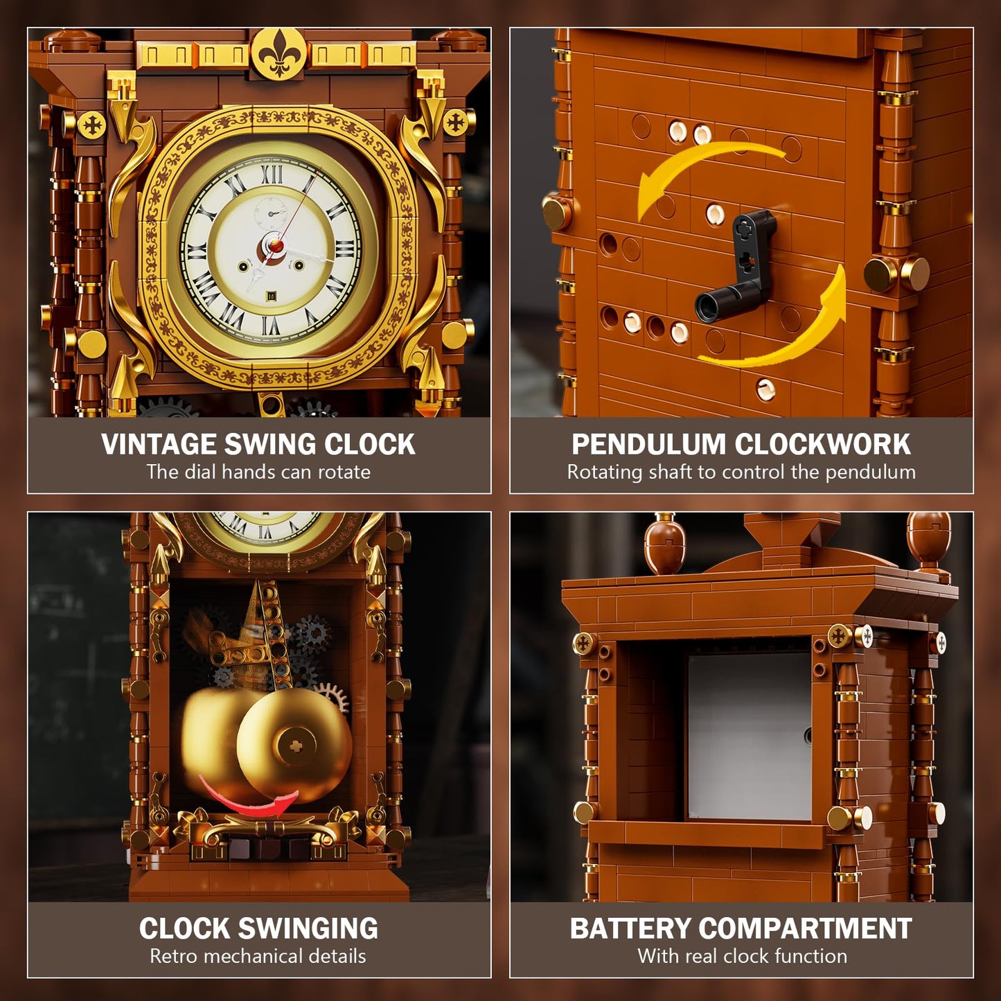 Vziimo Retro Clock Building Blocks Set, Vintage Pendulum Clock Model Kit with Real Functional Timepiece, Creative Gift Toys for Adults Teens 14+ (751