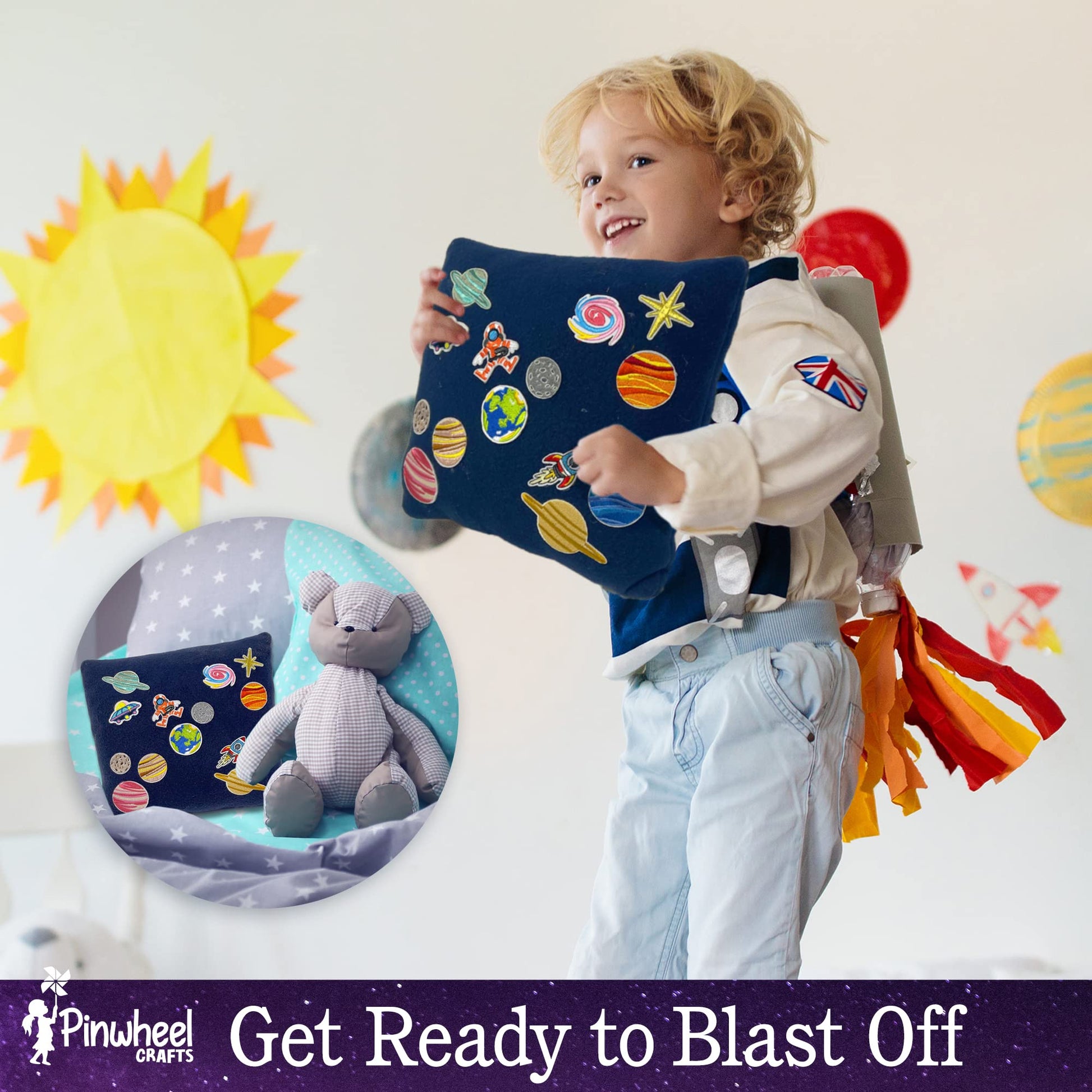 Pinwheel Crafts Beginner Sewing Kit for Kids 8-12 with Telescope - Astronomy Solar System Easy Sew Space Pillow Kit with Planet Patches - Make Your