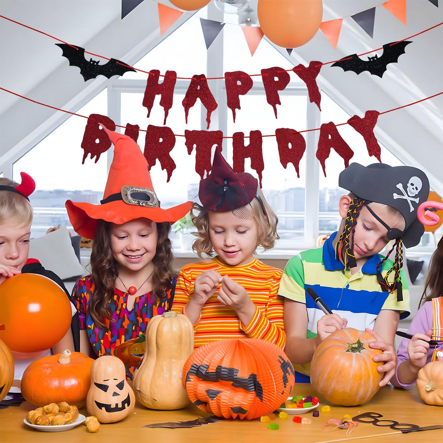 Red Glittery Happy Birthday Halloween Banner - Halloween Hanging Paper Garland Bunting Banner Bloody Bat Vampire Decorations, Photo Backdrop for Wall