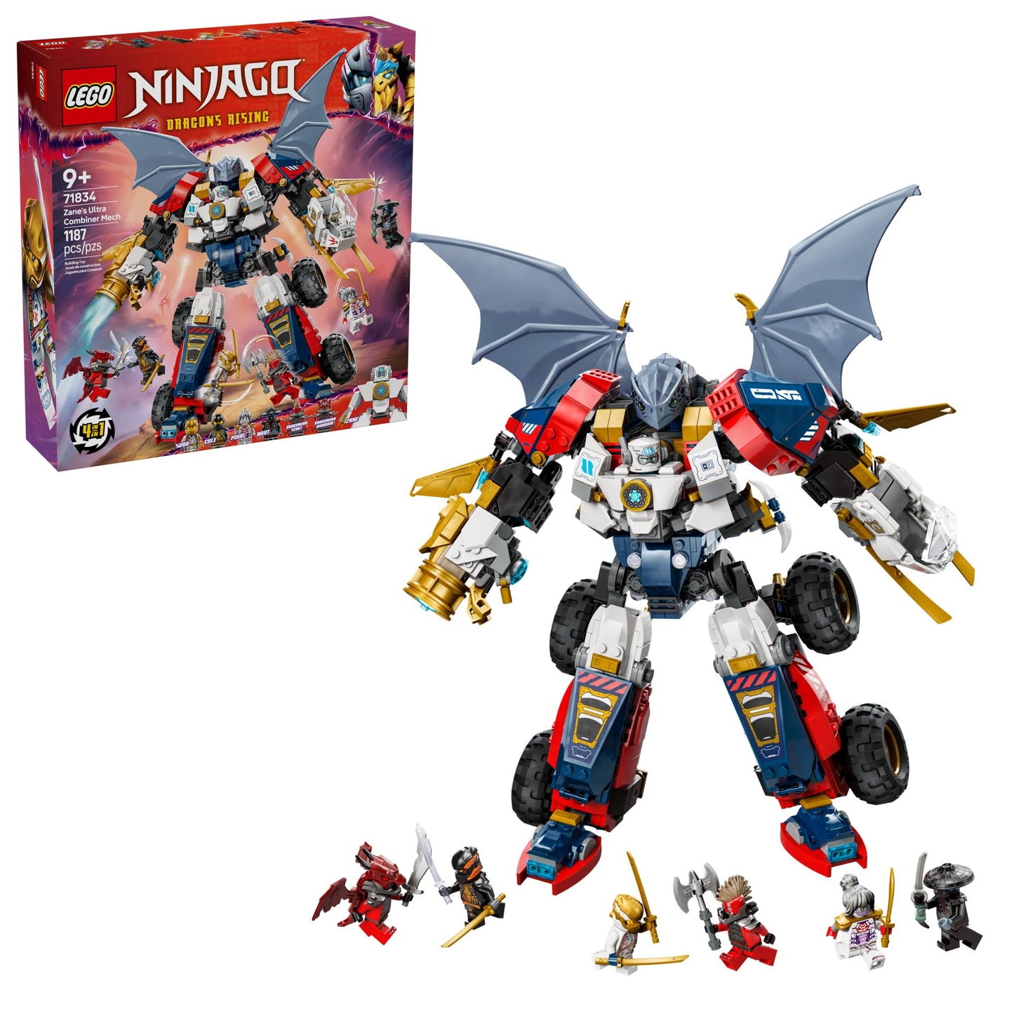LEGO NINJAGO Zane's Ultra Combiner Mech Ninja Toy - Pretend Play 4-in-1 Building Toy Set for Kids, Boys and Girls, Ages 9+ - with 6 Minifigures - Gift