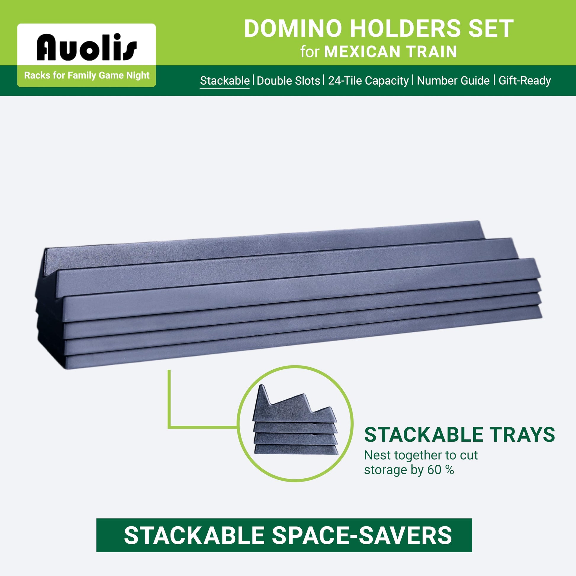 Auolis Domino Holders for Mexican Train, Set of 4 Stackable Trays, 24-Tile Capacity Each, Plastic Racks for Family Game Night