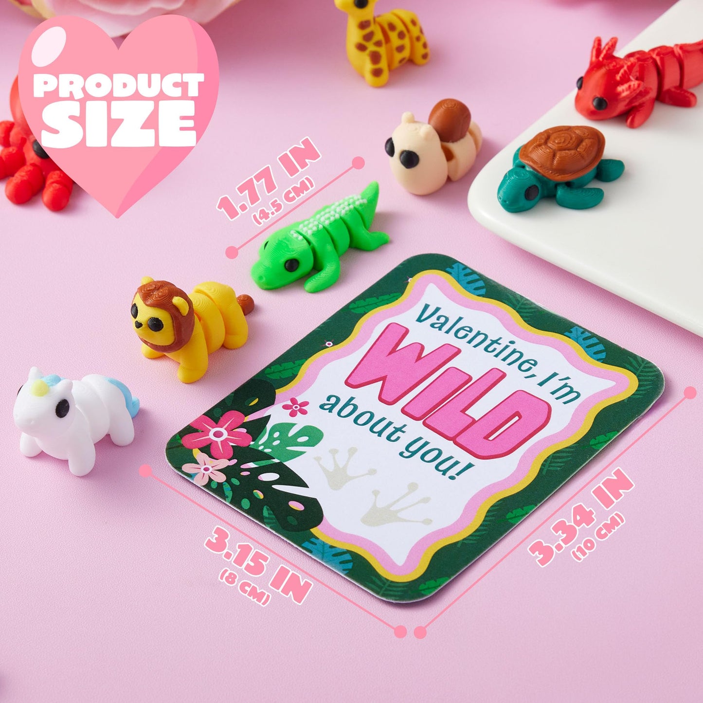 JOYIN 28 Pcs 3D Printed Mini Animals with Valentine Greeting Cards, Animals Articulated Flexible Stress Toy for Kids, Classroom Gift Exchange Prizes