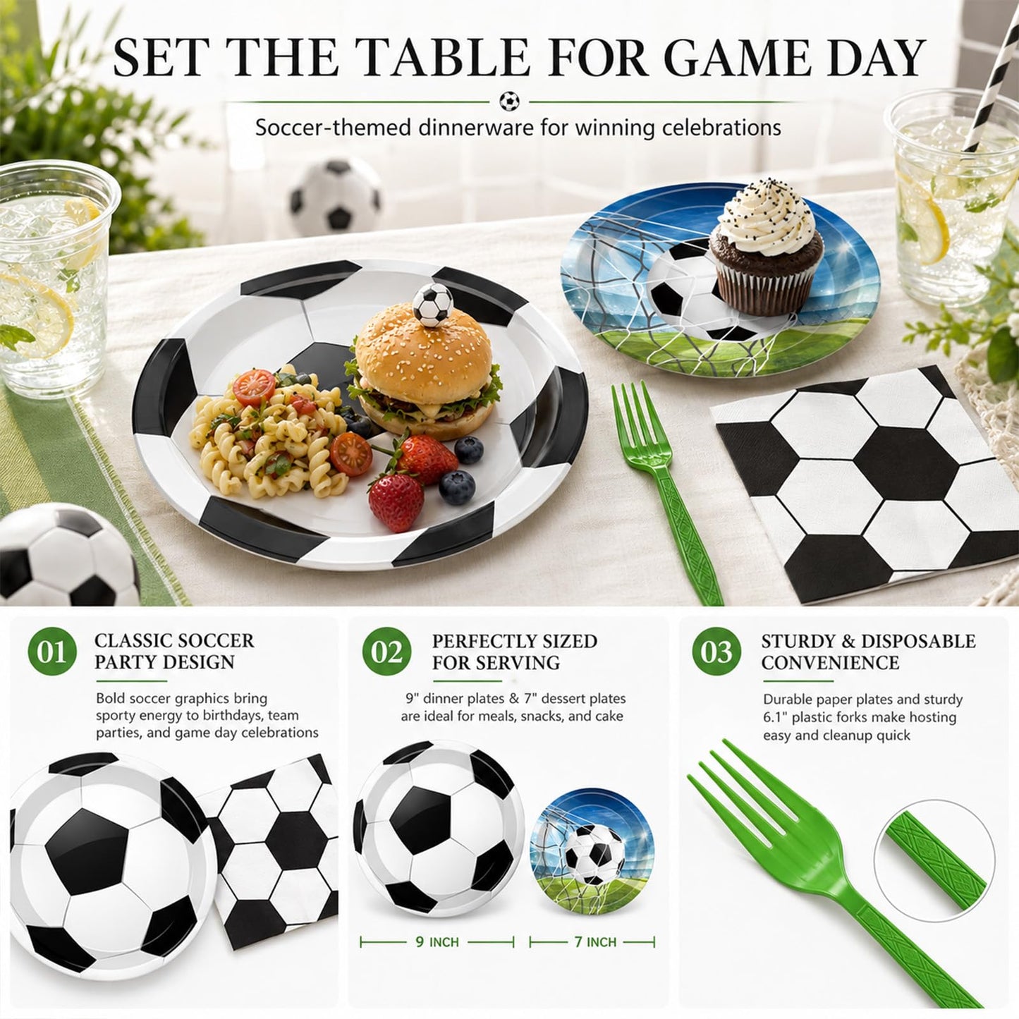 Merriva 100 Pcs Soccer Tableware Set Serves 25 - Disposable Football Paper Plates Napkins Forks, 9 Inch 7 Inch Plates Soccer Ball Themed Party