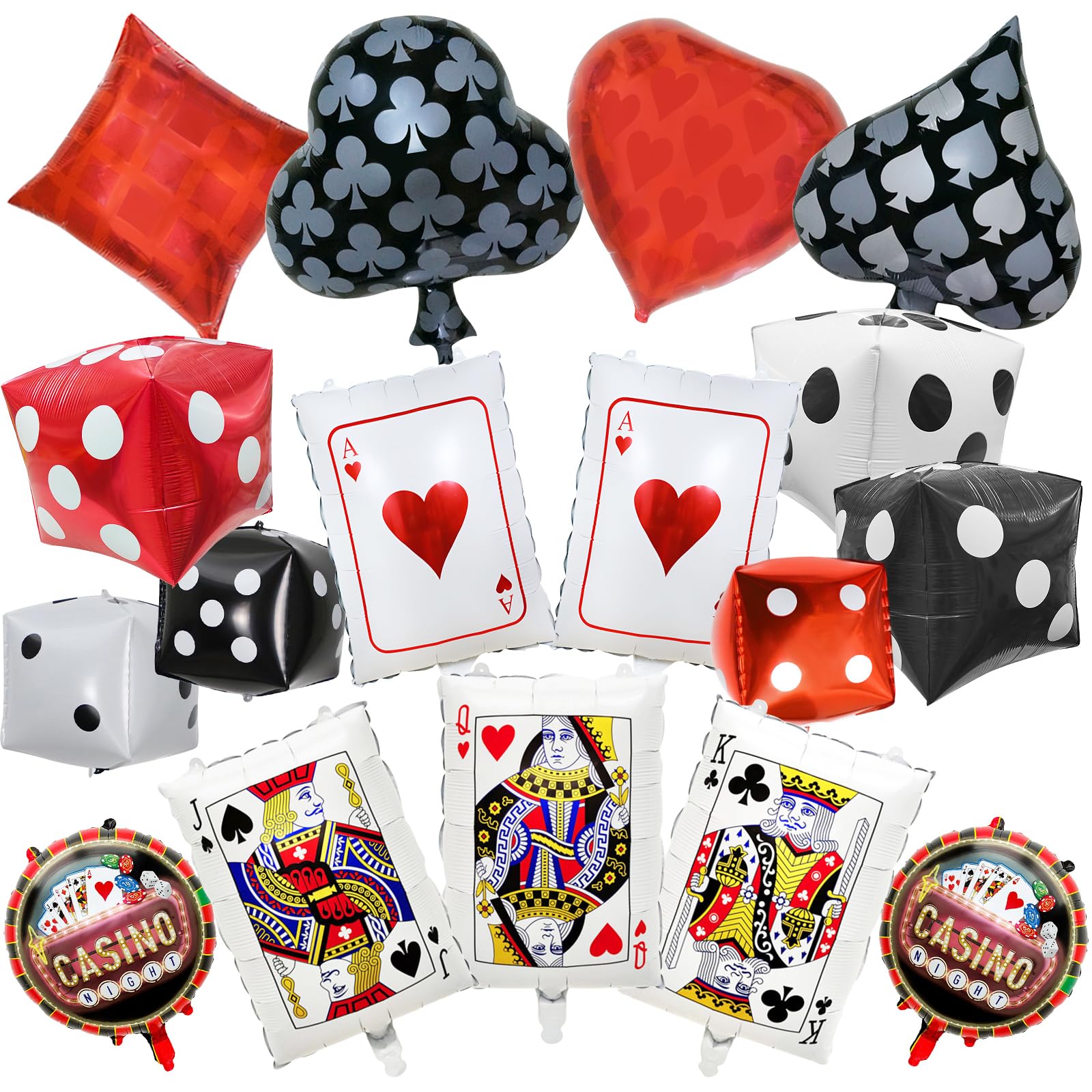 PAKESI 17Pcs Casino Night Balloons Set, Giant 24in Dice & Poker Cards Foil