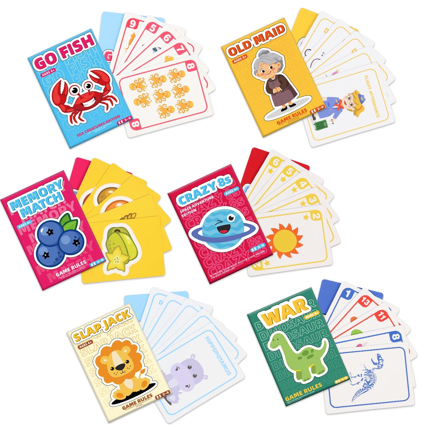 Floatlive Kids Card Games Pack, 6 Decks, Go Fish, Old Maid, Crazy Eights, Memory Match, Slap Jack, War, Playing Cards, Family Party Table Games