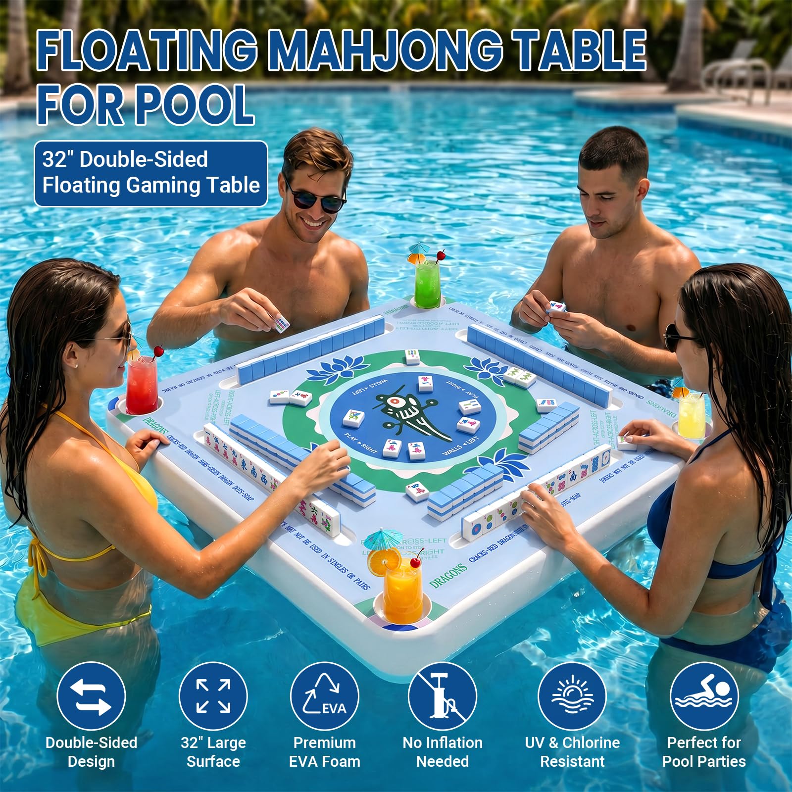 Sawiei Floating Mahjong Table for Pool, 32 Inch Double-Sided Floating Poker Tray, Waterproof Floating Board for Adults Pool Hot Tub Lake Summer Party