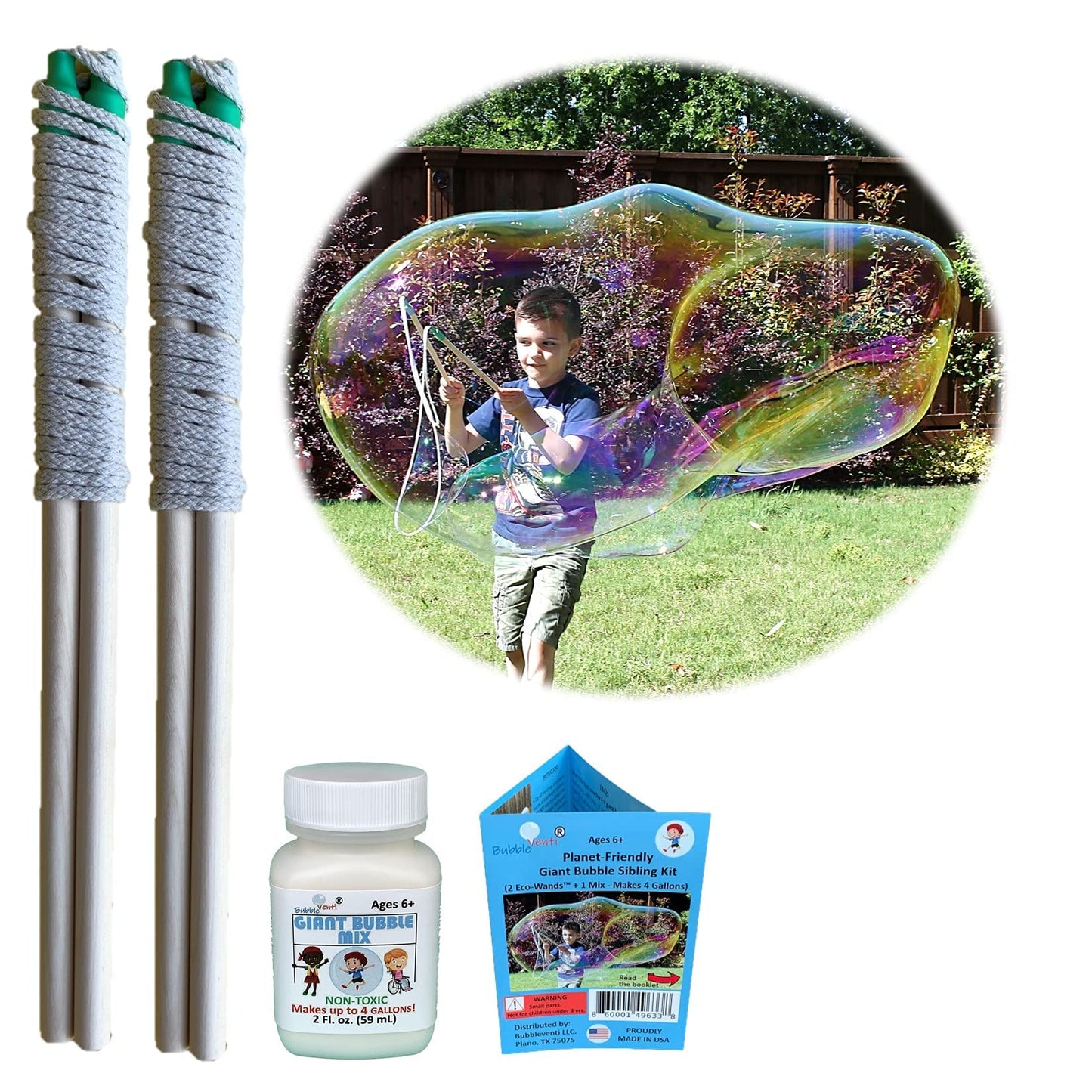 Bubbleventi Giant Bubble Kit | Made in USA | Includes 2 Wooden Wands, a Tips and Tricks Booklet, and 1 Bubble Mix - Makes 4 Gallons of Big Bubble