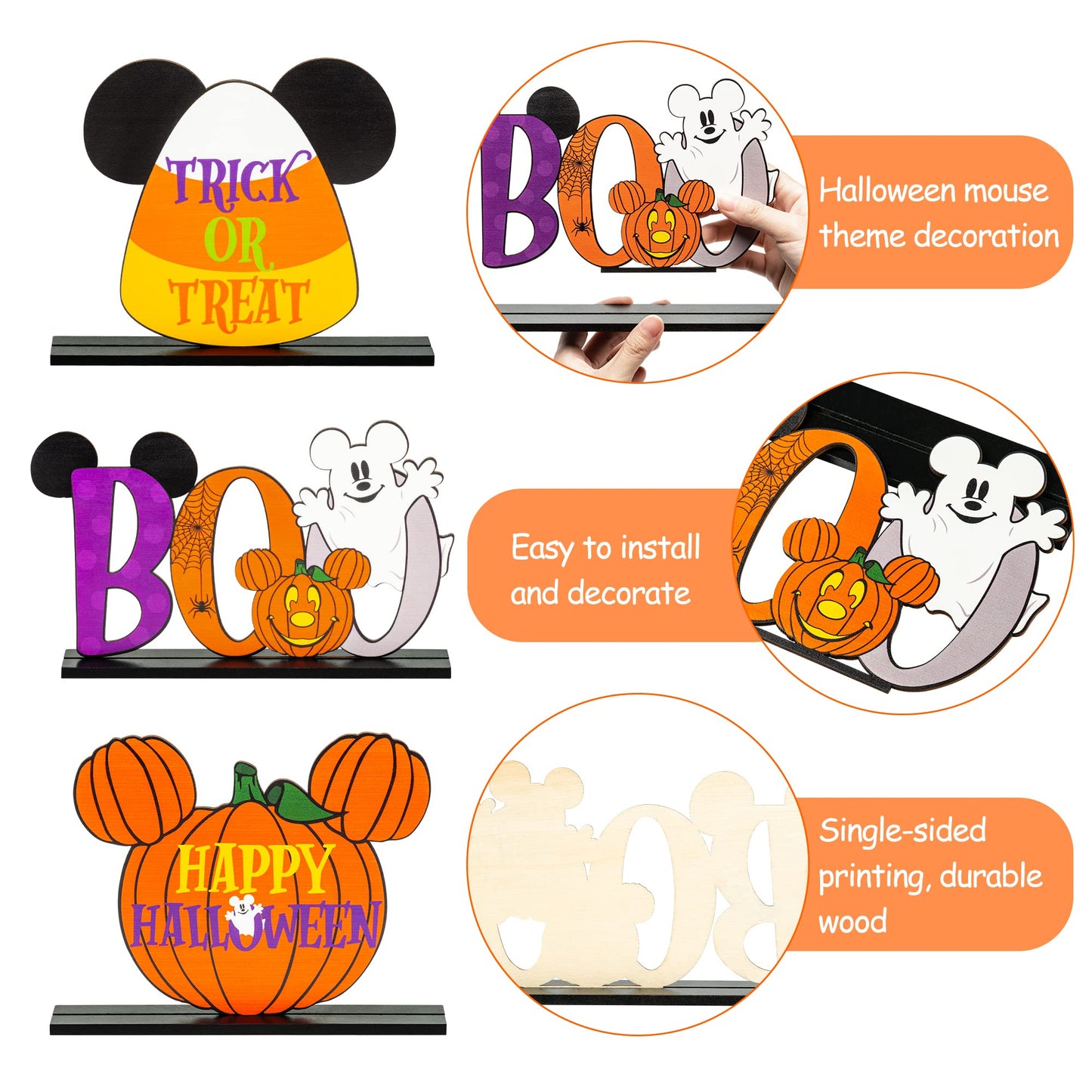 Andi Cppss 3PCS Halloween Mouse Wooden Table Centerpieces, Trick or Treat Sign Table Top Decor, Boo Sign Table Centerpiece for Halloween, Happy