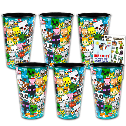 Minecraft Reusable Tumbler Cup Pack - Video Game Party Favor 6 Piece Bundle with 24 Oz Cups Plus Stickers, More | Bulk Minecraft Water Tumblers