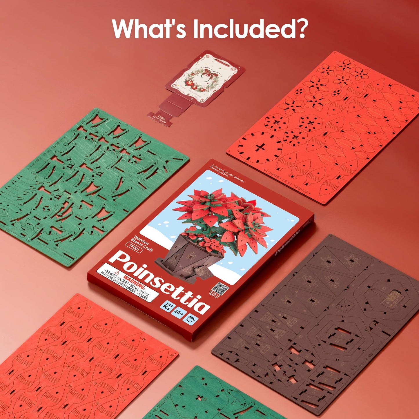 ROBOTIME 3D Wooden Poinsettia Puzzle - with Flower Pot Base, Adjustable Stem, Christmas Home Desk Decor, DIY Craft Kit for Adults