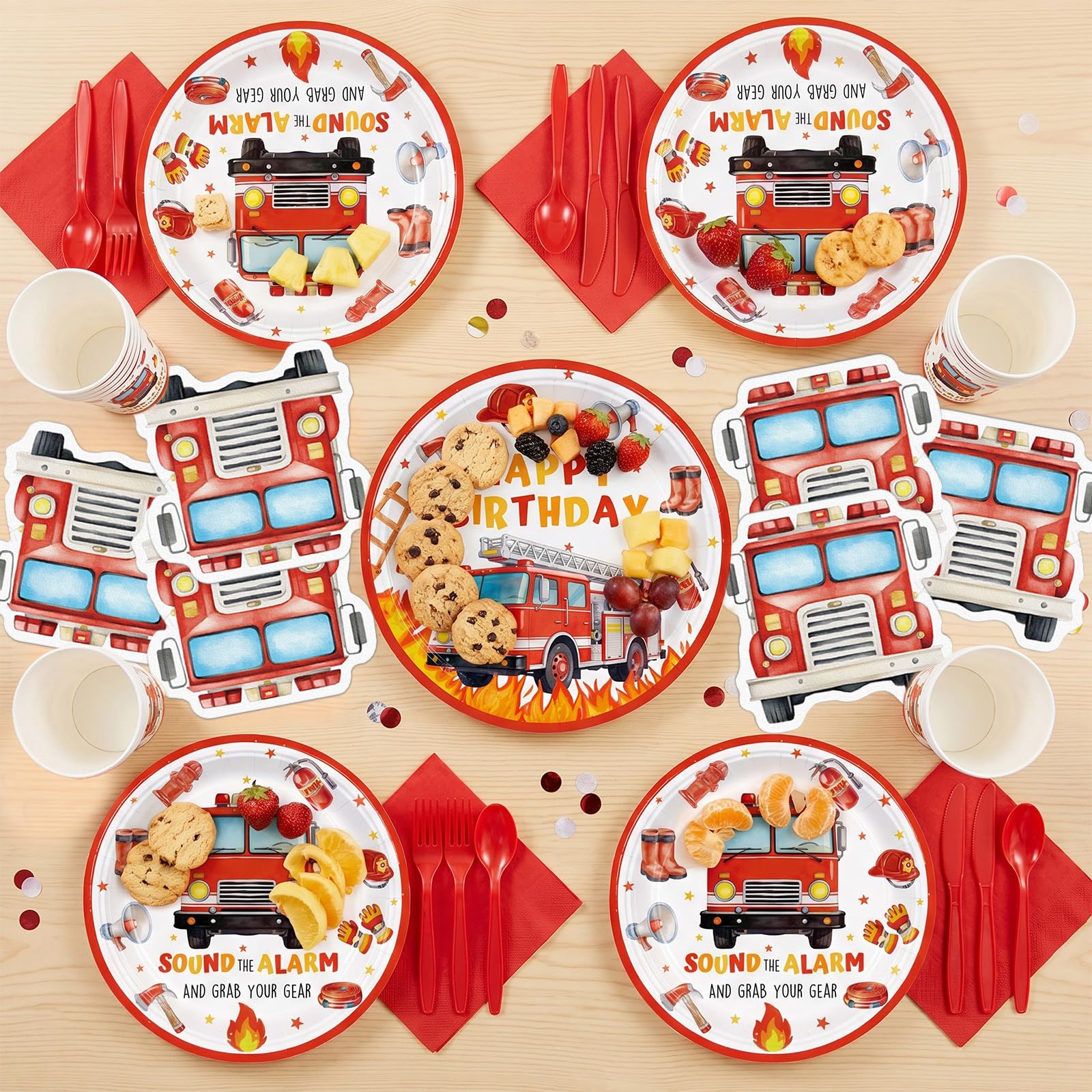 168pcs Firetruck Paper Plates Napkins Fire Truck Party Supplies Serve 24