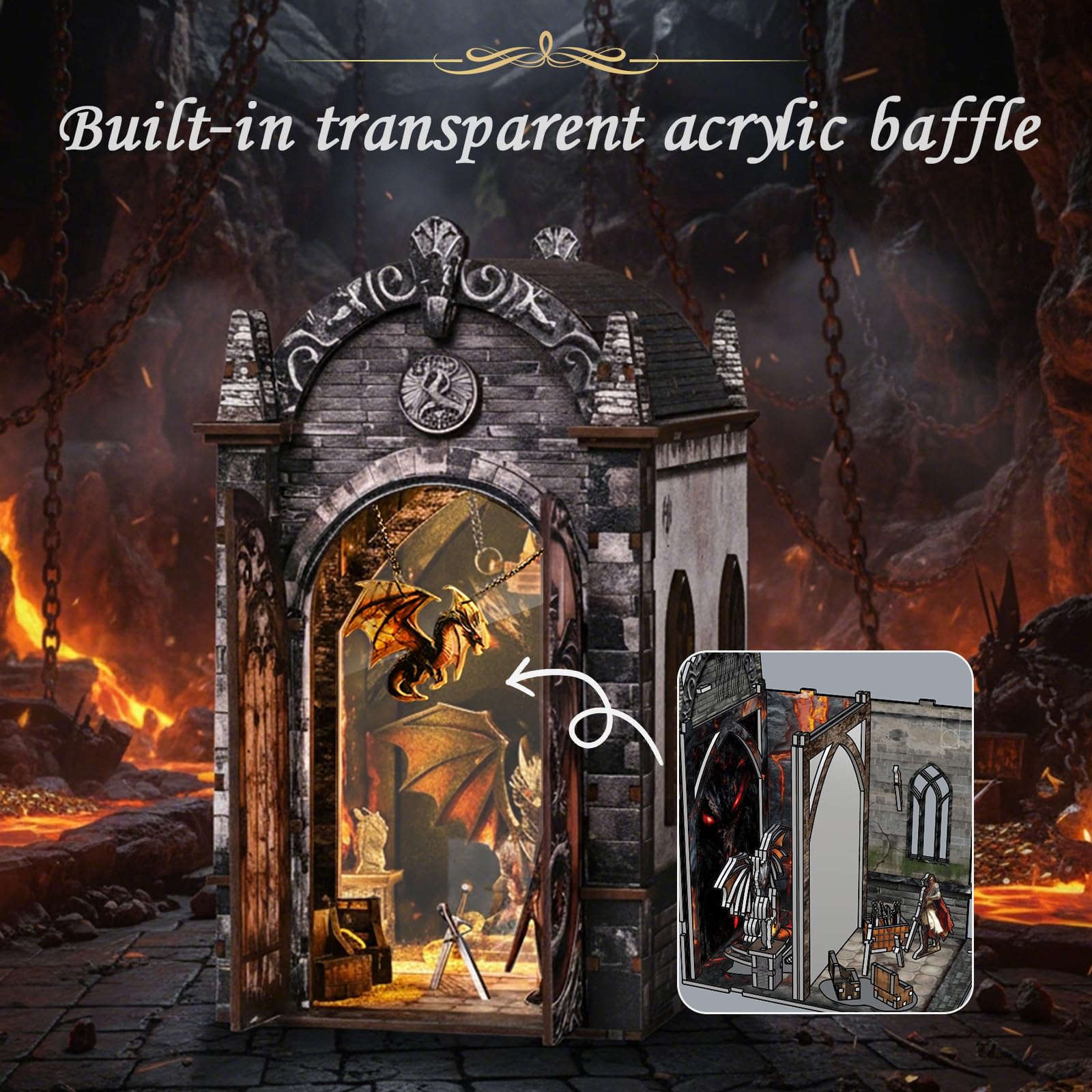obzergem Book Nook Kit(Dragon Hidden Realm) DIY Miniature Kit Bookend, 3D Wooden Puzzle,with Dust Cover for Craft Enthusiasts