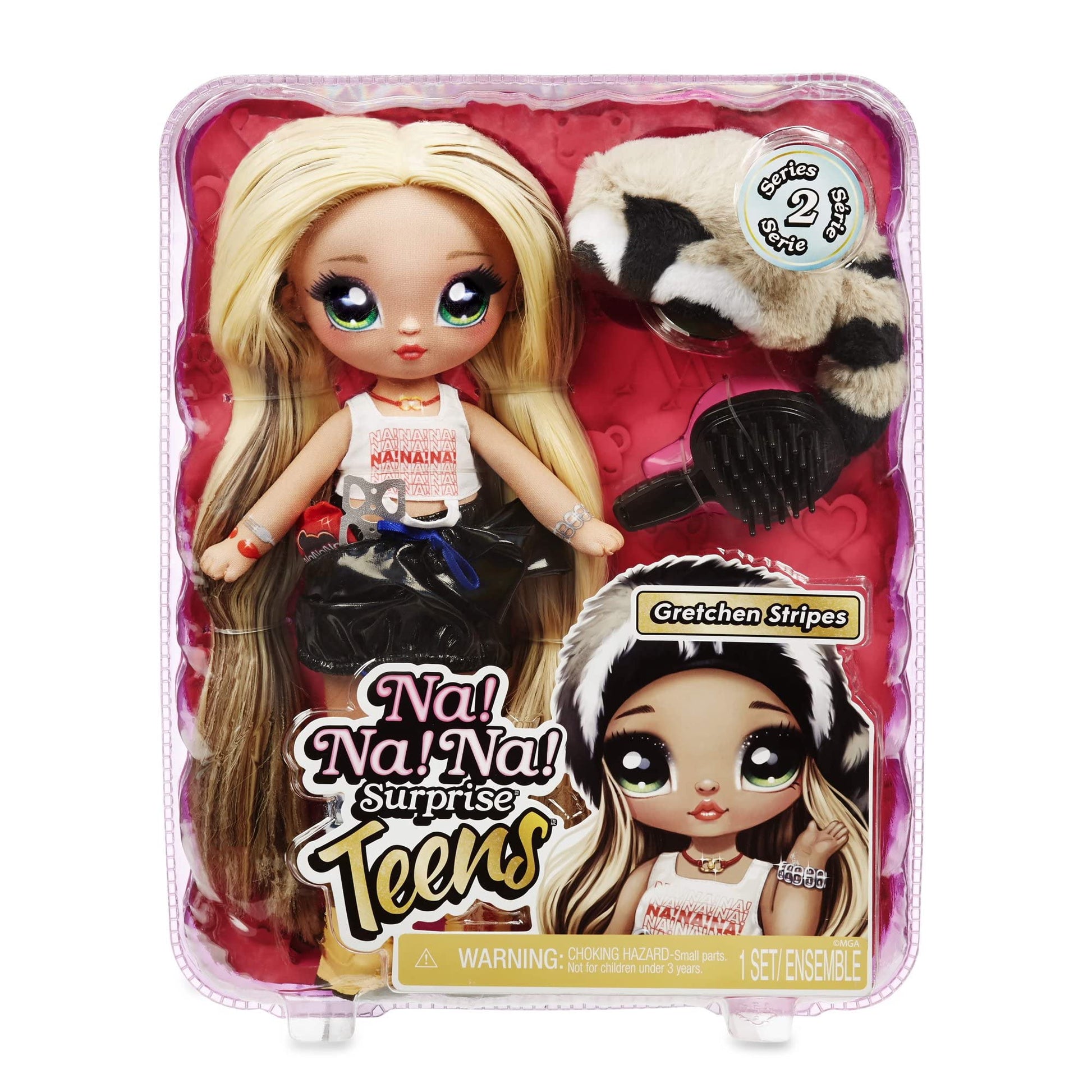 Na Na Na Surprise Teens 11" Fashion Doll Gretchen Stripes, Soft, Poseable, Blonde Hair, Cute Animal-inspired Raccoon Hat Outfit & Accessories, Gift