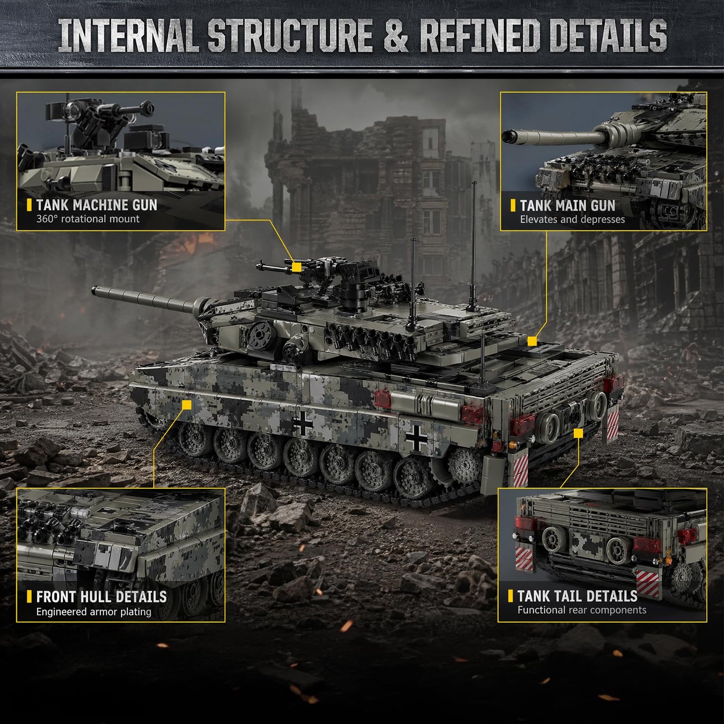 Myth Qholve Leopard 2A7 Heavy Tank Building Blocks Set, 904 PCS, Realistic Military Model with 360° Rotating Turret, Elevating Gun, Smoke Grenade