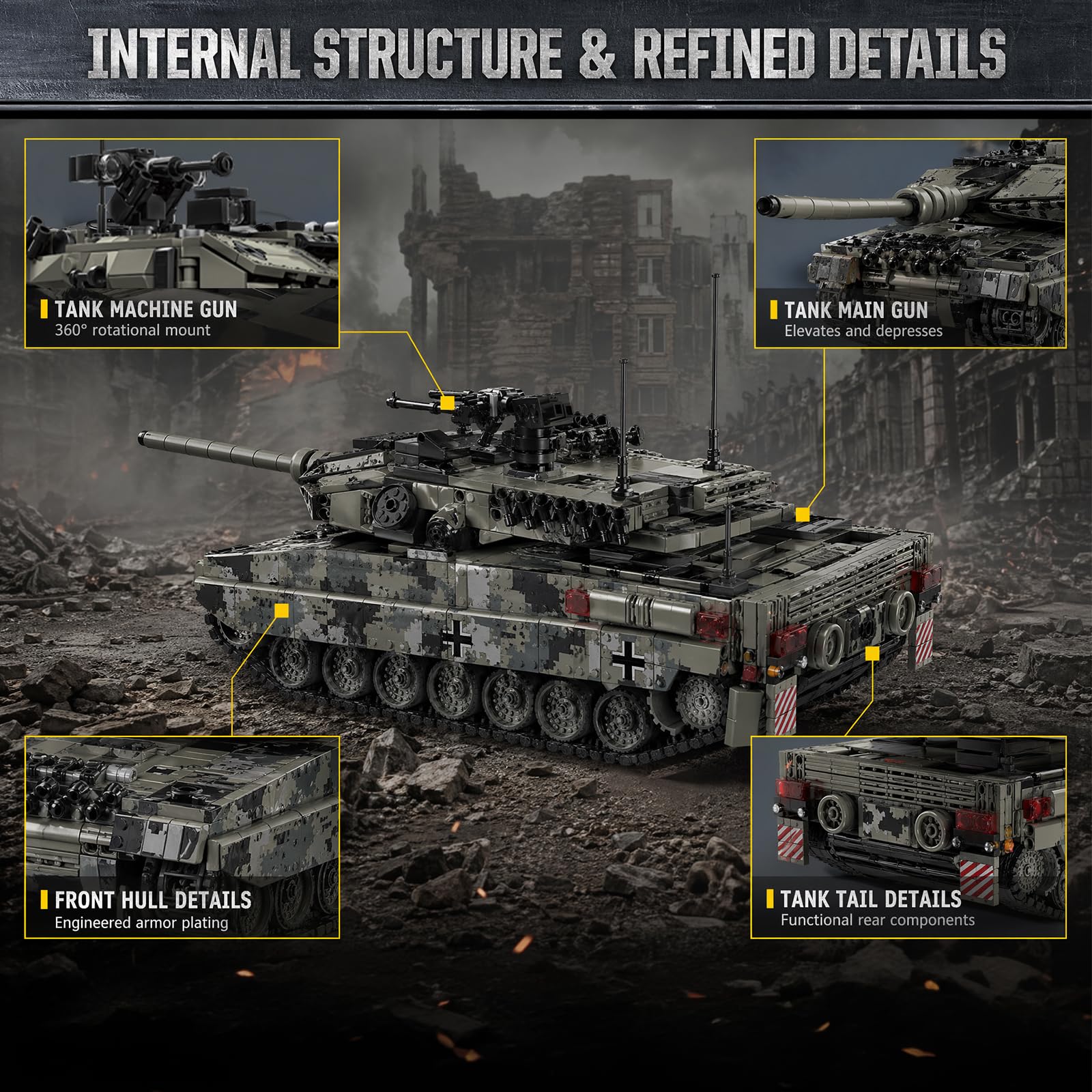 Myth Qholve Leopard 2A7 Heavy Tank Building Blocks Set, 904 PCS, Realistic Military Model with 360° Rotating Turret, Elevating Gun, Smoke Grenade