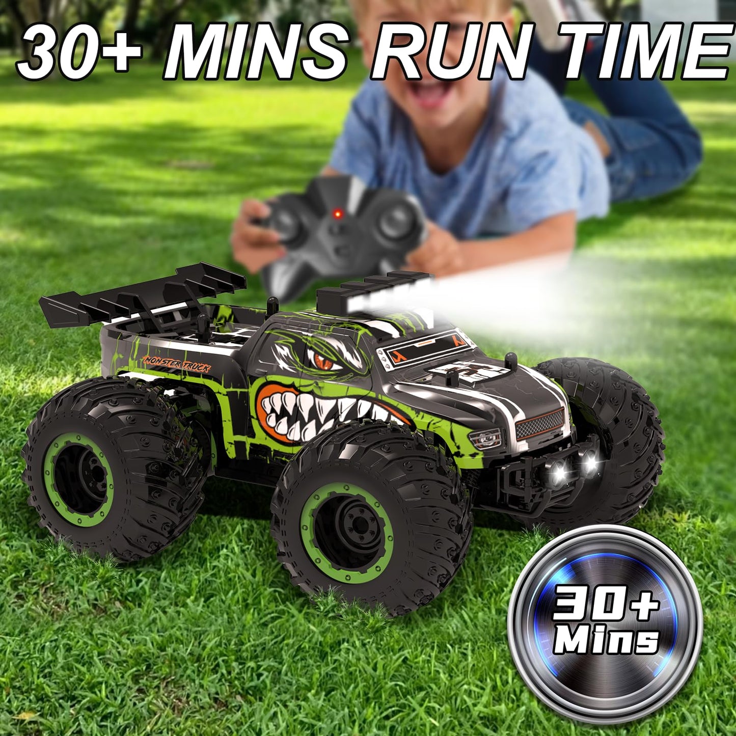 JICIFU Remote Control Car for Kids,High Speed 20 KM/H RC Cars Toys,Off-Road with 2 Headlights and 2 Rechargeable Battery RC Truck,Dinosaur Toys Gift