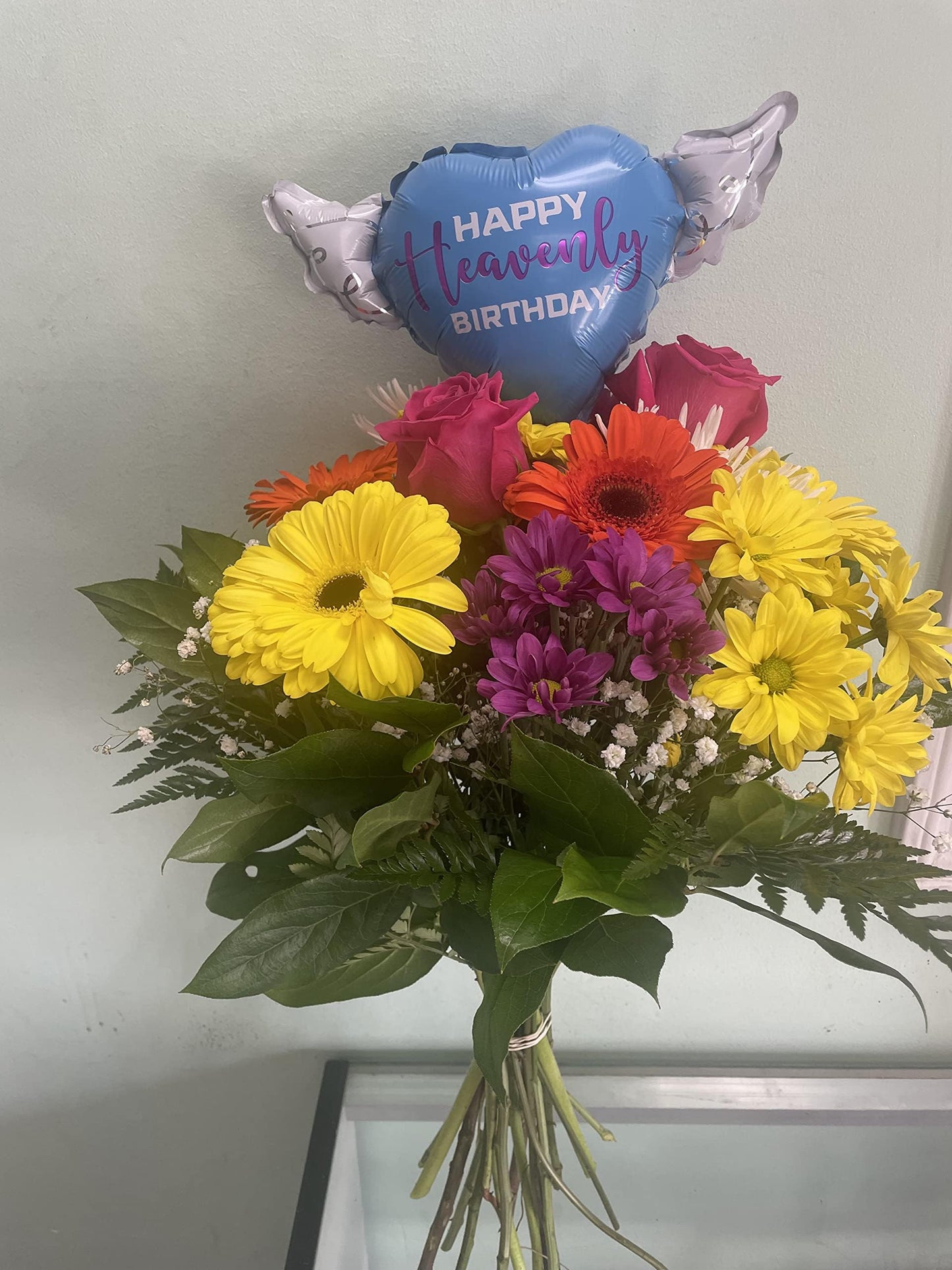 Happy Heavenly Birthday Balloon on a Stick Blue Heart with Angel Wings, Memorial Grave Decoration, in Loving Memory, Cemetery Remembrance Gift