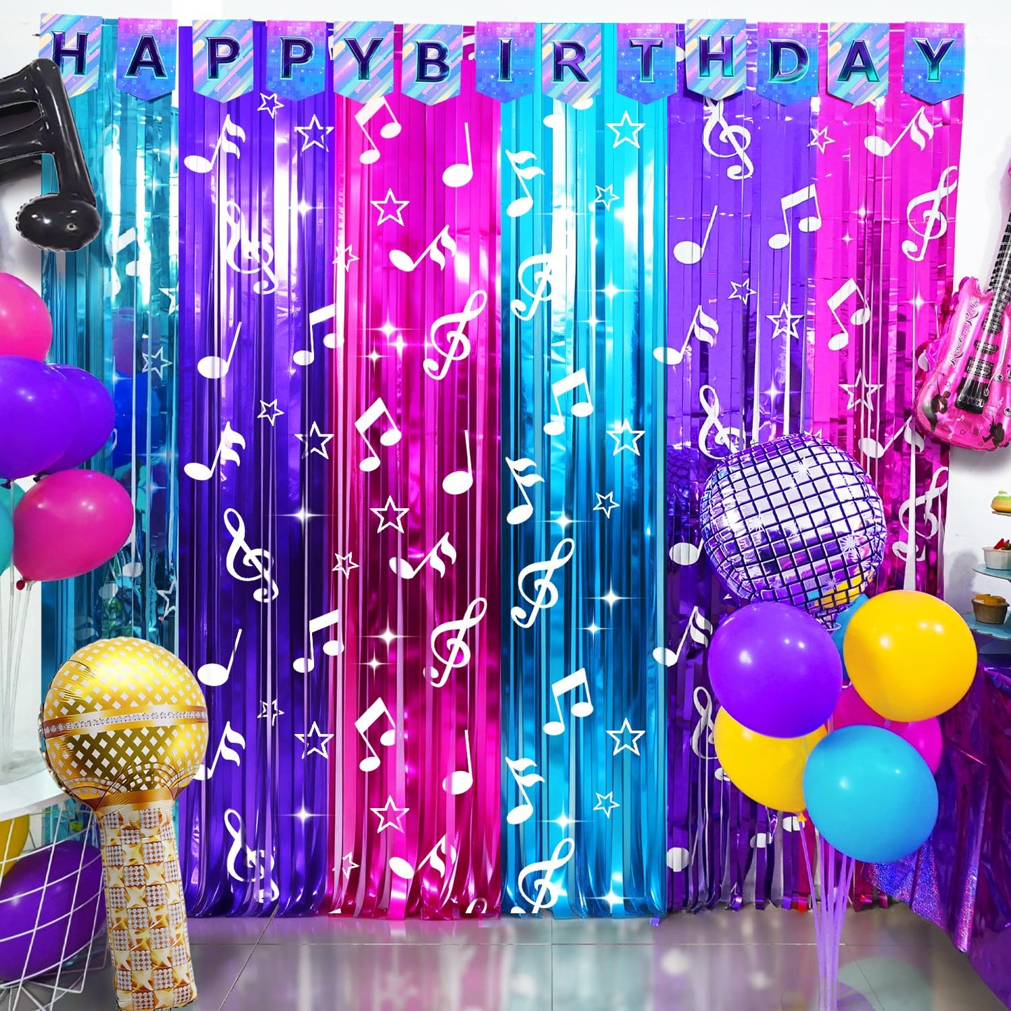 Korean Idol Movie Birthday Party Decoration, Including 2 Pack K Pop Music Notes Pattern Streamers, 26pcs Balloons & 1pcs Birthday Banner for Demon