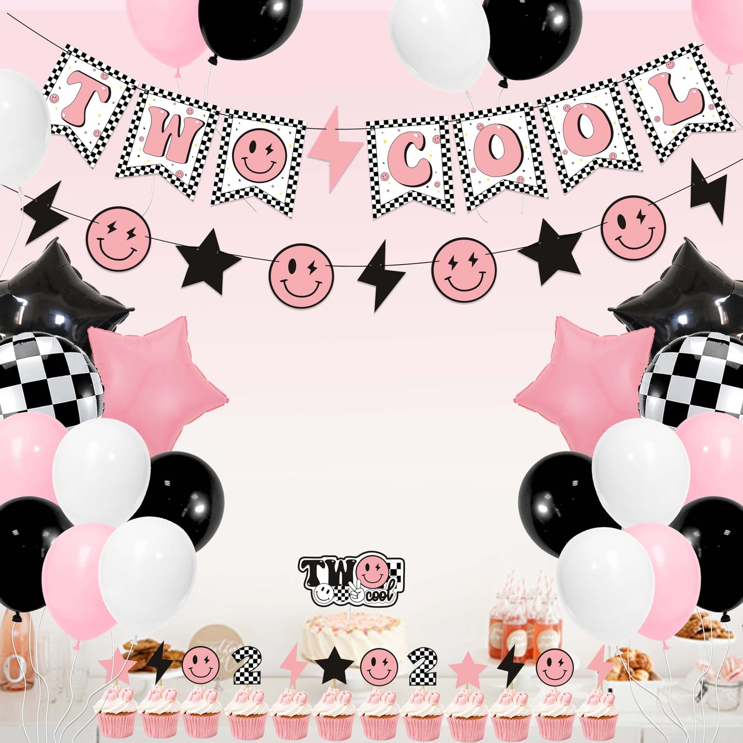 Two Cool Dude Pink Smile-Theme Birthday Party Decoration Set, Two Cool Girl Second Birthday Banner Cake Toppers Pink White Black Checker Balloons