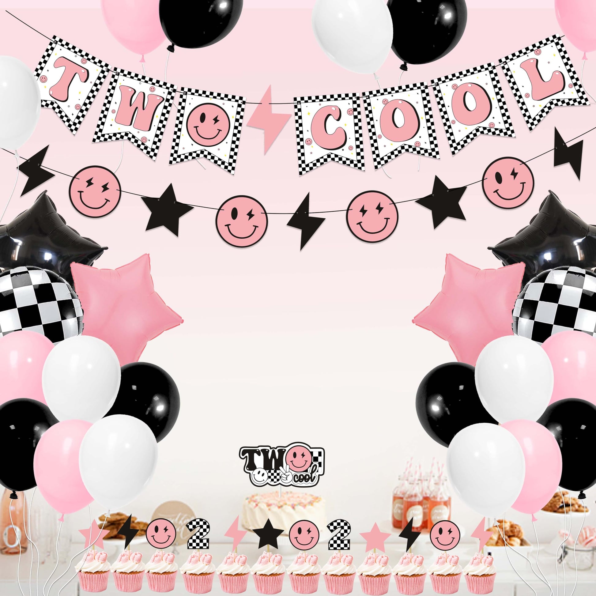 Two Cool Dude Pink Smile-Theme Birthday Party Decoration Set, Two Cool Girl Second Birthday Banner Cake Toppers Pink White Black Checker Balloons