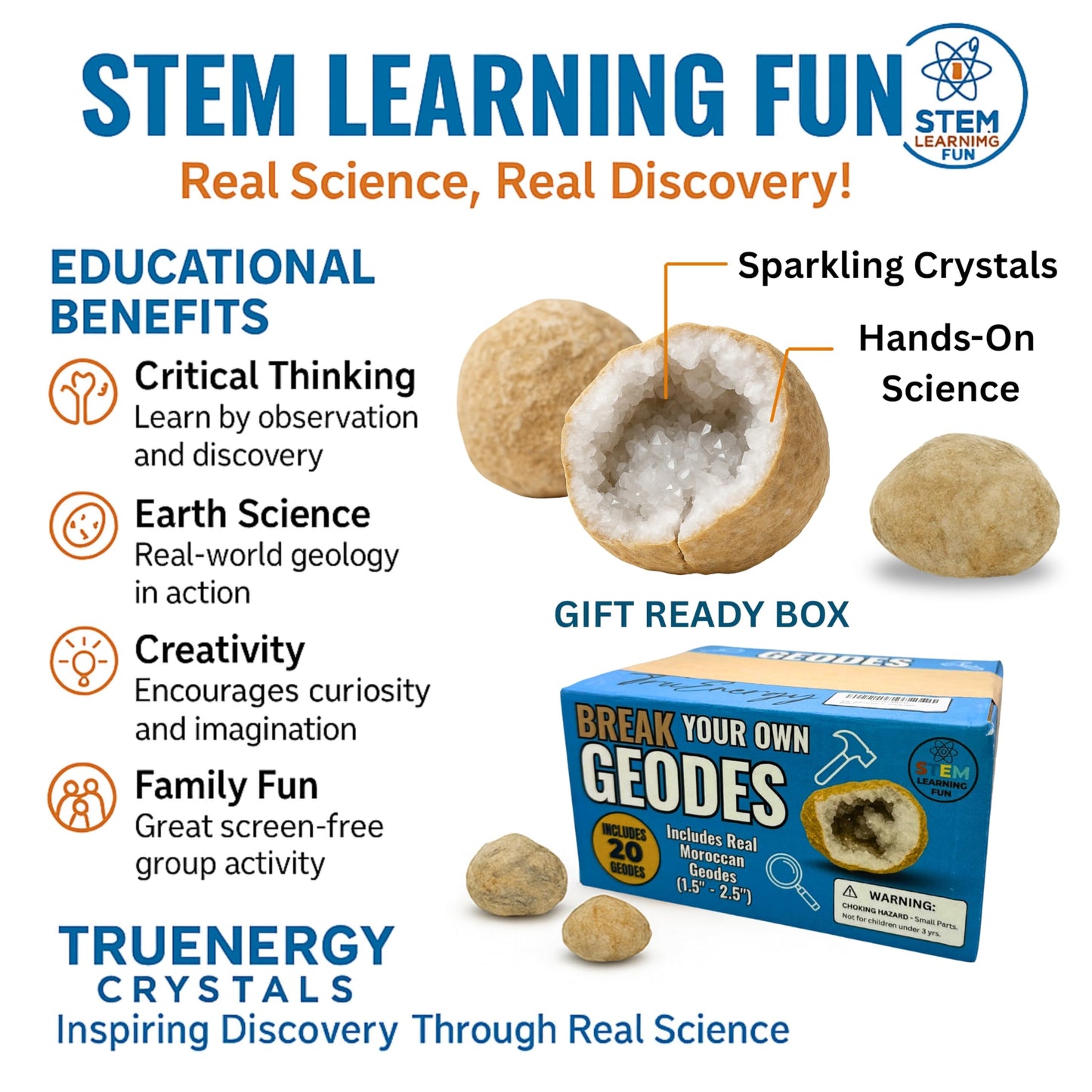 TruEnergy Break Your Own Geodes Kit - 20 Real Geodes 1.75"-2.5", 90% Hollow Rate, Crack Open & Discover Crystals - STEM Geology Rock Kit, Science Gift