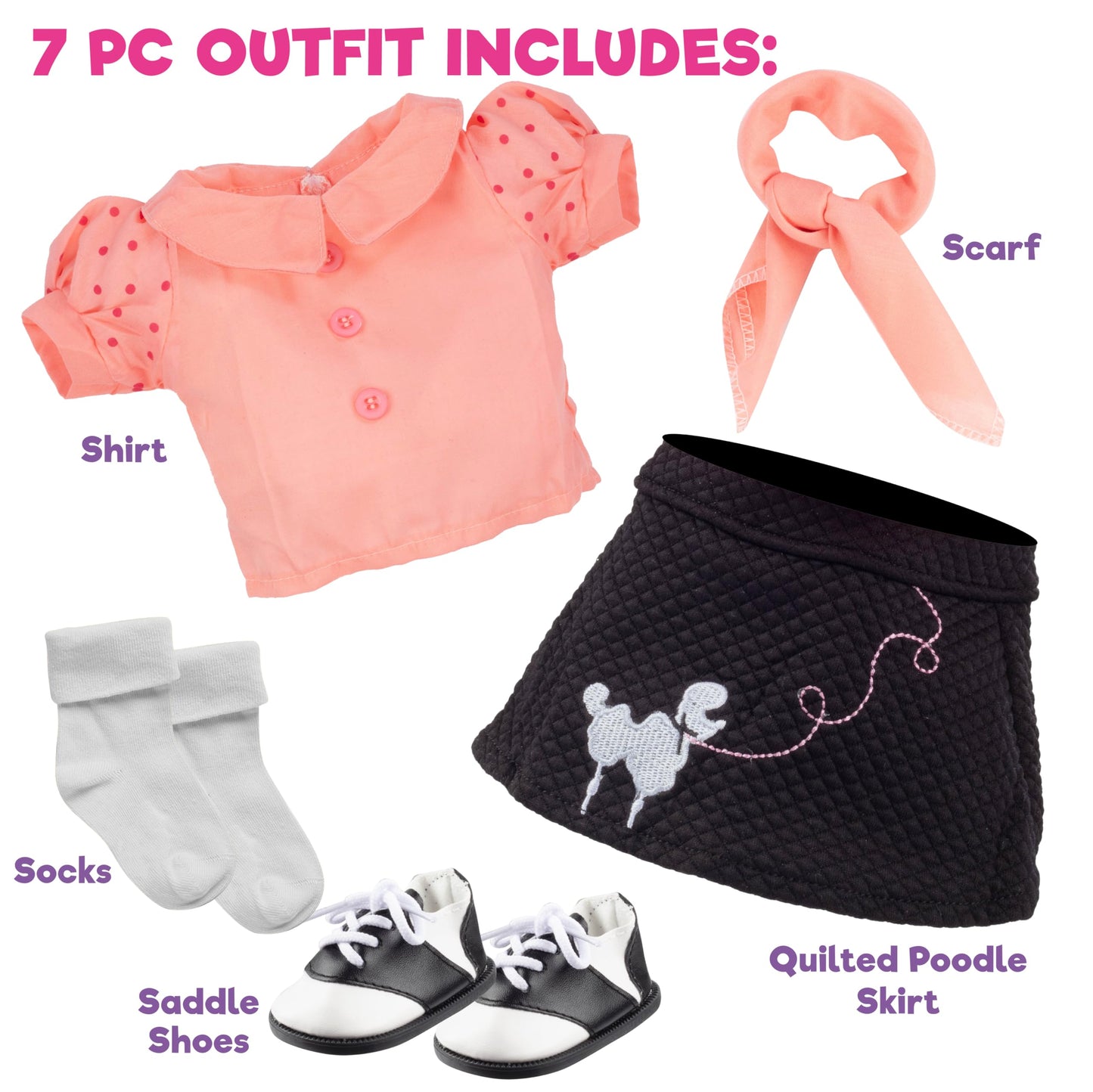 Dress Along Dolly Poodle Skirt Doll Outfit - Compatible w American Girl 18" Dolls (5 Piece Set) - 1950's Costume Clothes Set Includes Scarf, Skirt