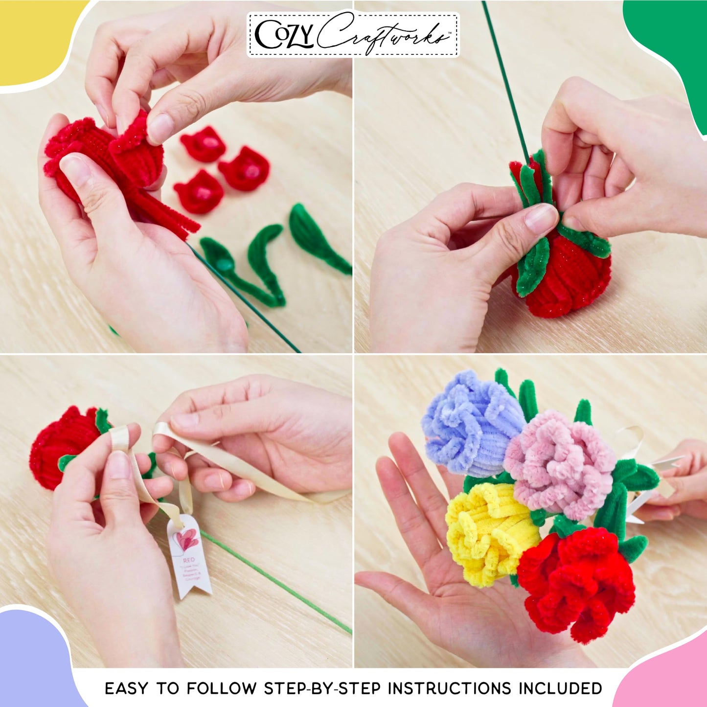 WeVeel Cozy Craftworks Chenille Stem Flower Craft Kit for Adults - CC 4 Gifttable Rose Bundle - Relaxing DIY Arts & Crafts Kit with All Supplies