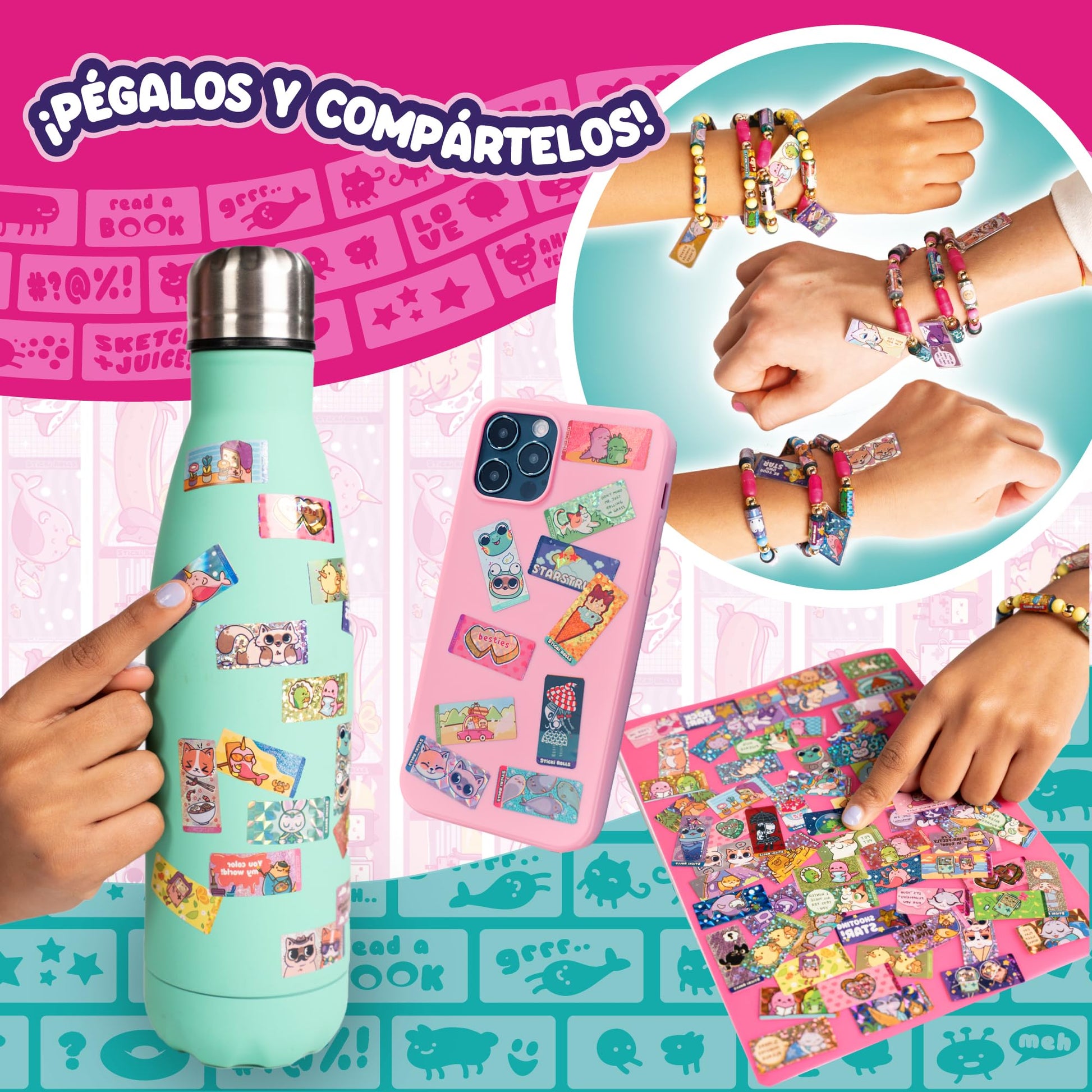 SKY CASTLE - Sticki Rolls Band Single Pack, Wristbands with Stickers, Rolls of Stickers with Kawaii Theme, 50 Stickers per Bracelet, 2 Extra