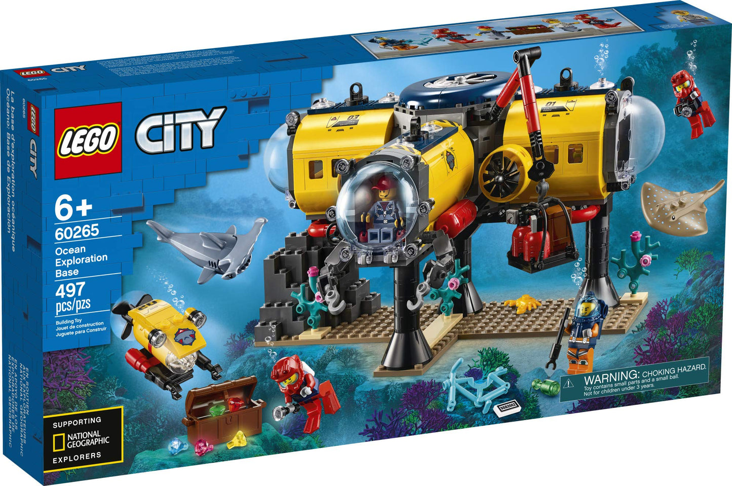 LEGO City Ocean Exploration Base Playset 60265, with Submarine, Underwater Drone, Diver, Sub Pilot, Scientist and 2 Diver Minifigures, Plus Stingray