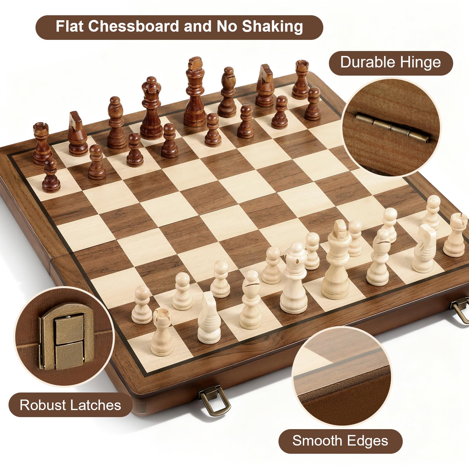 Durpeak Magnetic Wooden Chess Set, 2 Extra Queens, 15'' Folding Portable Travel Chessboard with Chess Pieces Storage Slots for Professional Tournament