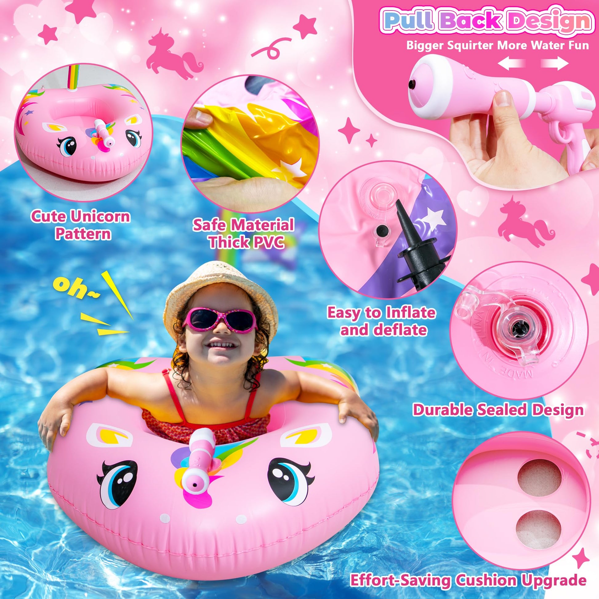 Unicorn Pool Float for Kids with Water Gun, Inflatable Pool Floatie Toy