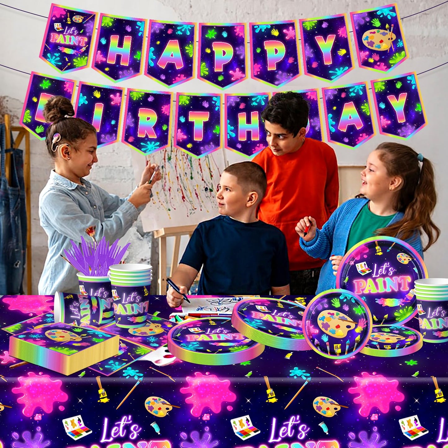 Art Painting Party Supplies,142pcs Paint Splatter Party Tableware Neon Glow Decorations Set Art Party Dessert Plates Paint Splatter Napkins Let’s