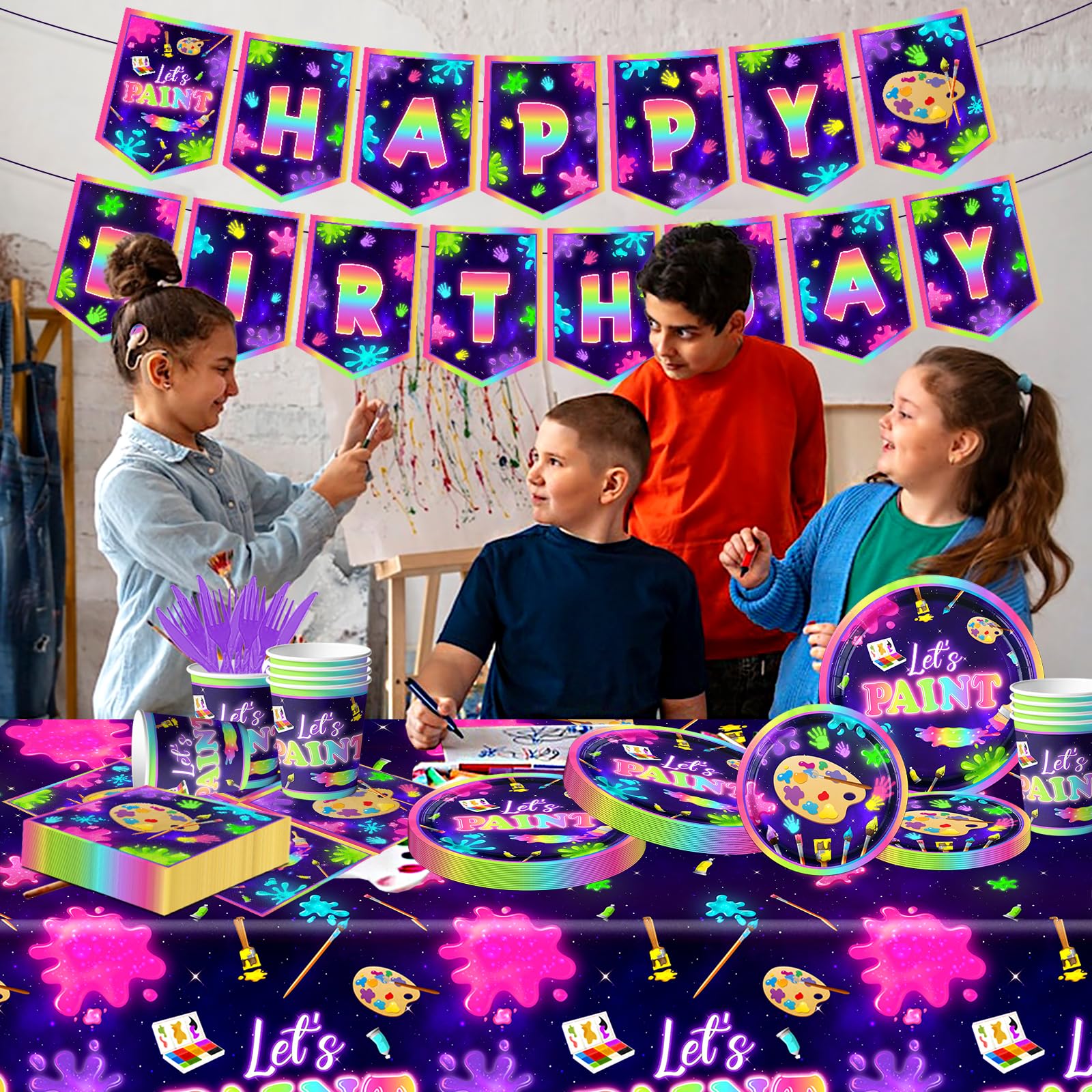 Art Painting Party Supplies,142pcs Paint Splatter Party Tableware Neon Glow Decorations Set Art Party Dessert Plates Paint Splatter Napkins Let’s
