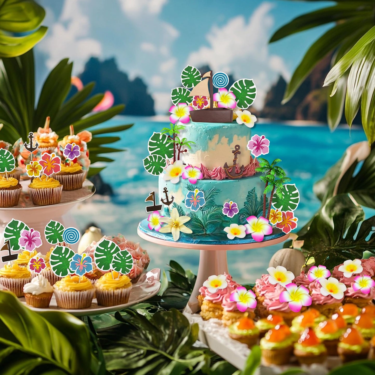 27PCS Coconut Tree Boat Hook Flower Cake Top Flower Cake Decoration Boat Birthday Party Decoration Supplies