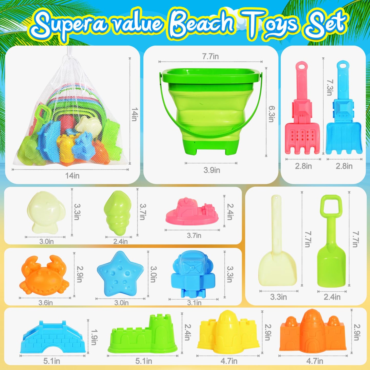 PUBUBLLE Collapsible Beach Sand Toys for Kids Toddlers,Travel Beach Toys with 3 Collapsible Sand Buckets,Shovels,Mesh Bags,Sand Molds,Castle Toys