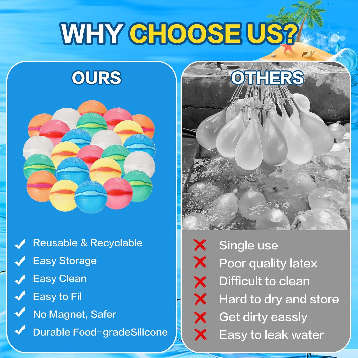 Reusable Water Balloons Refillable for Kids: Soft Silicone Material Self Sealing for Outdoor Activities - Summer Pool Beach Water Bomb for Boys Girls