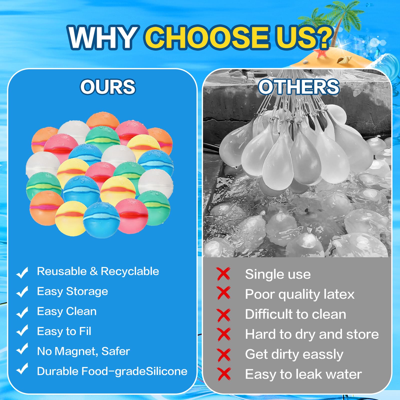 Reusable Water Balloons Refillable for Kids: Soft Silicone Material Self Sealing for Outdoor Activities - Summer Pool Beach Water Bomb for Boys Girls