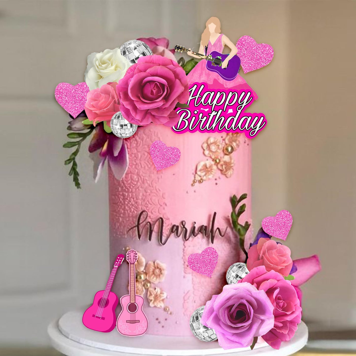 18 PCS Music Cake Toppers Pink Birthday Cake Topper and Guitar Flower Cake Topper for Music Birthday Decorations Supplies