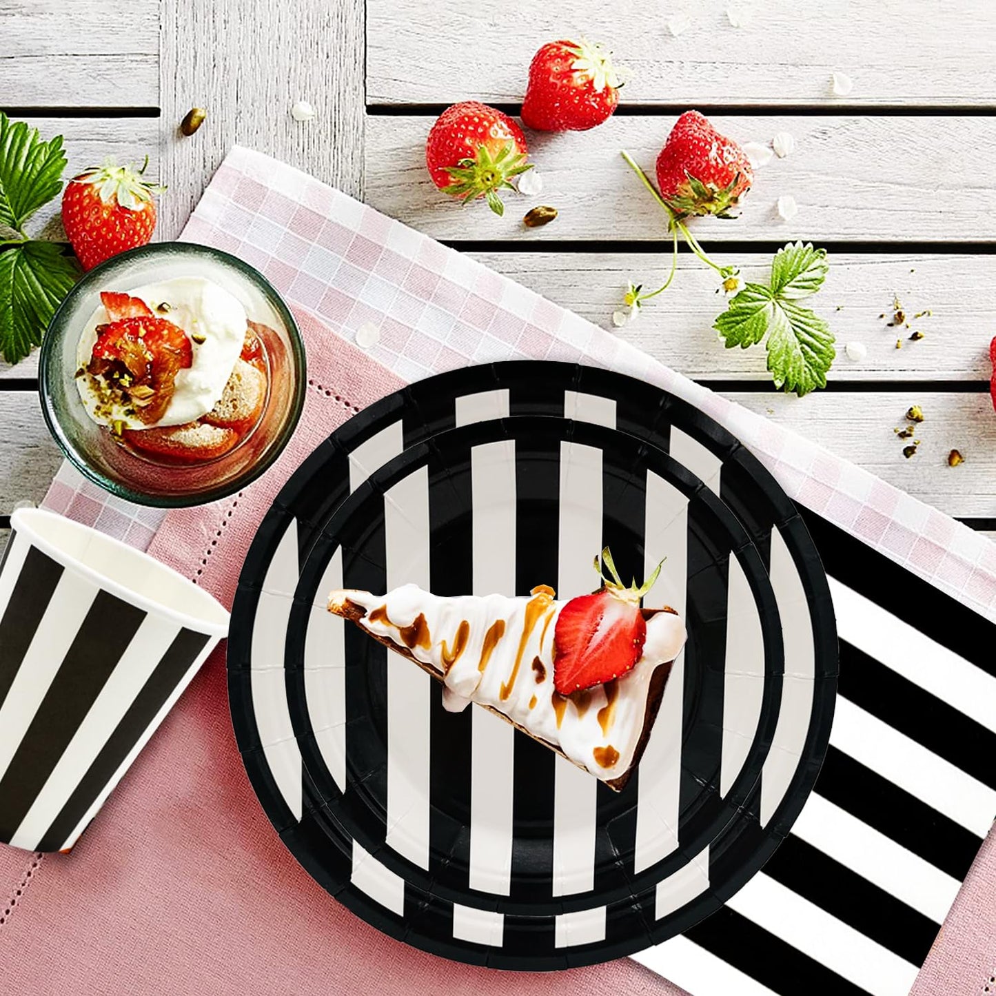 Serve25 175Pcs Black & White Striped Party Supplies - 9" & 7" Striped Paper Plates, Napkins, Cups, Cutlery for Black & White Birthday Party