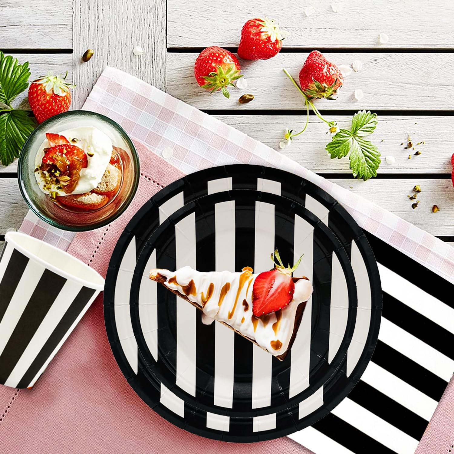 Serve25 175Pcs Black & White Striped Party Supplies - 9" & 7" Striped Paper Plates, Napkins, Cups, Cutlery for Black & White Birthday Party