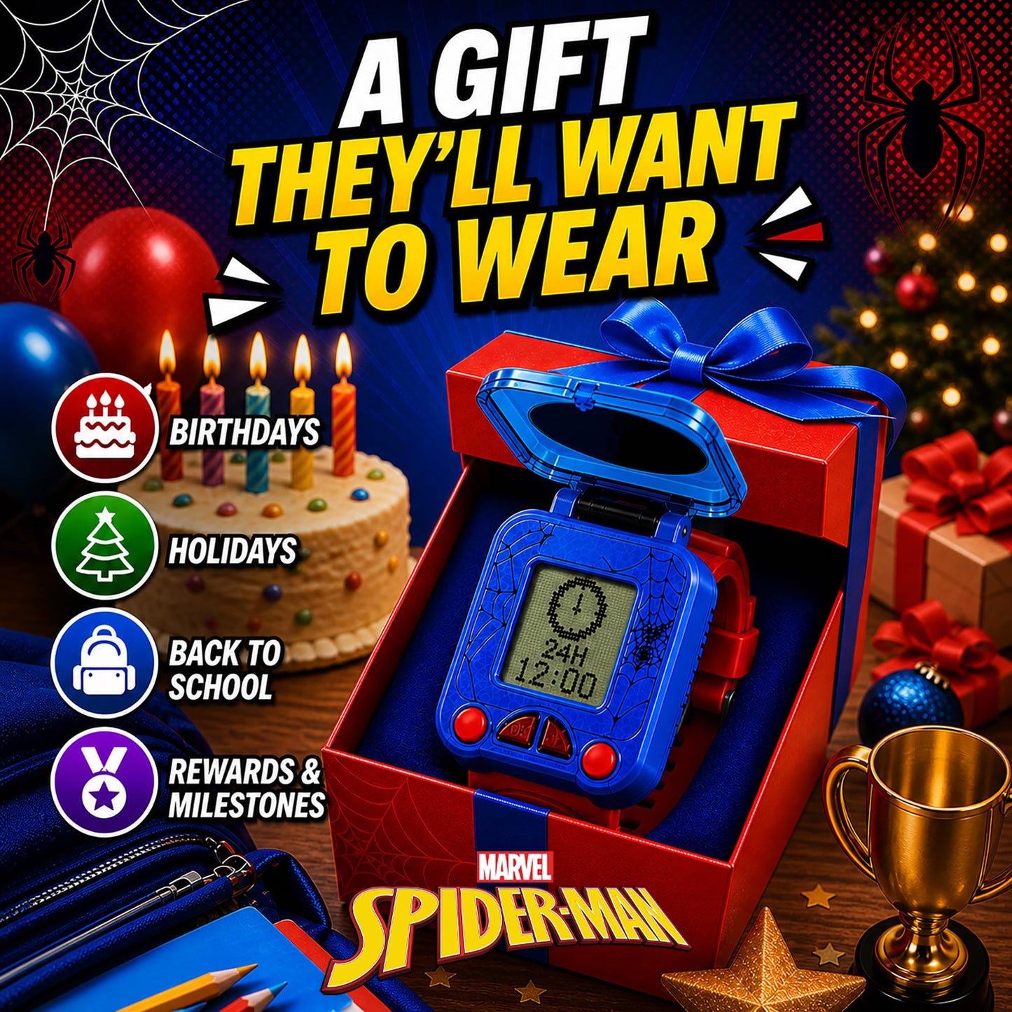 Marvel Spider-Man Educational Learning Digital Blue Watch for Boys by Accutime, Toddlers, Kids with Red Strap - Includes Timer, Stopwatch, Alarm