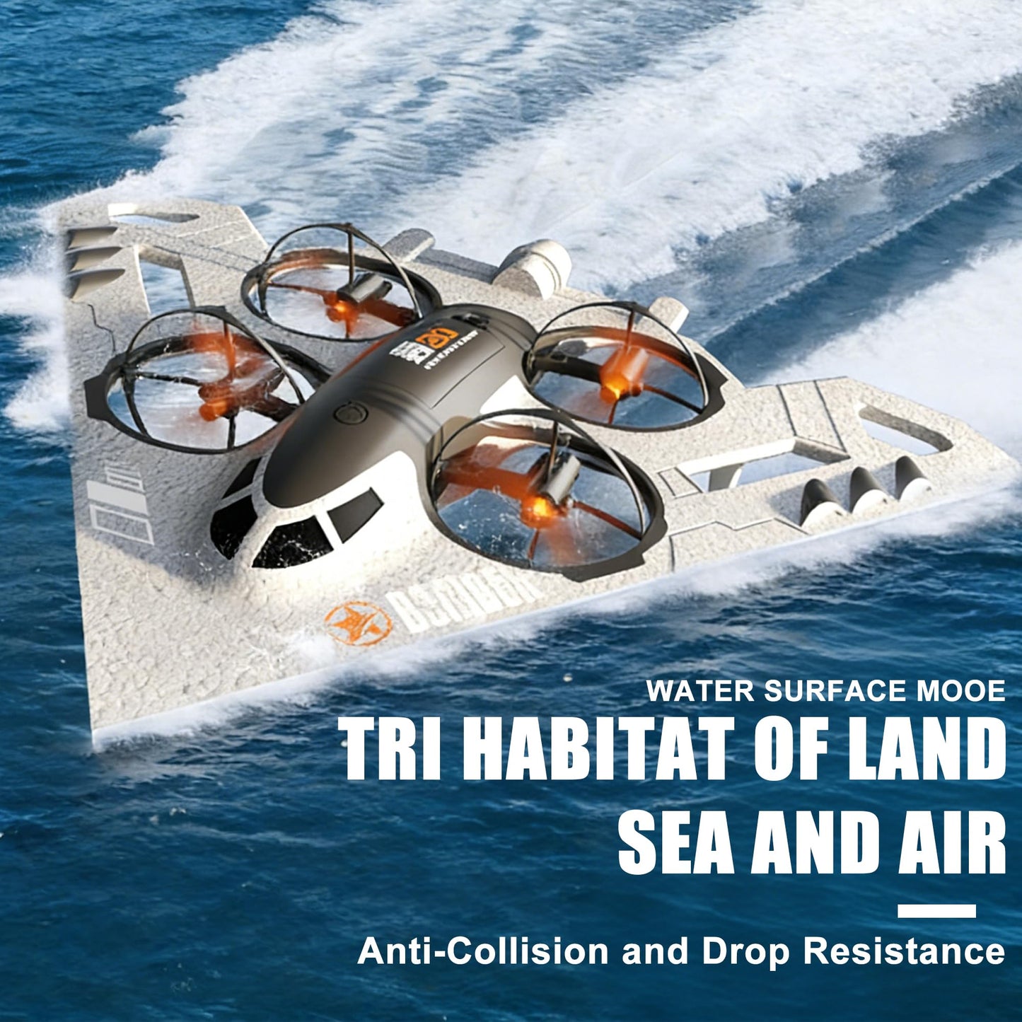 Virellia 3-in-1 RC Drone for Land Sea Air, H20 Remote Control Bomber RC Airplane with Cool Lights, 360° Flip, 3 Driving Mode and Collision Protection